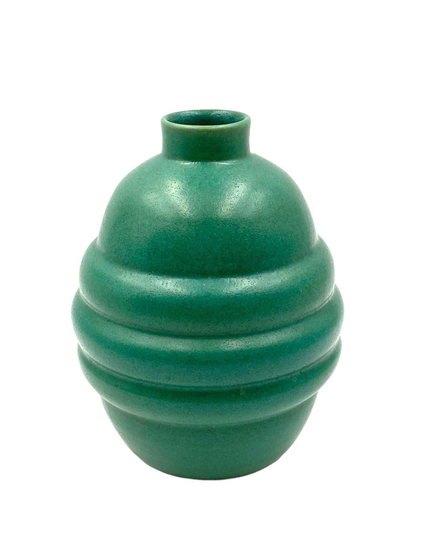 Ceramic Art Déco Turquoise Faience Vase, France, 1940s For Sale