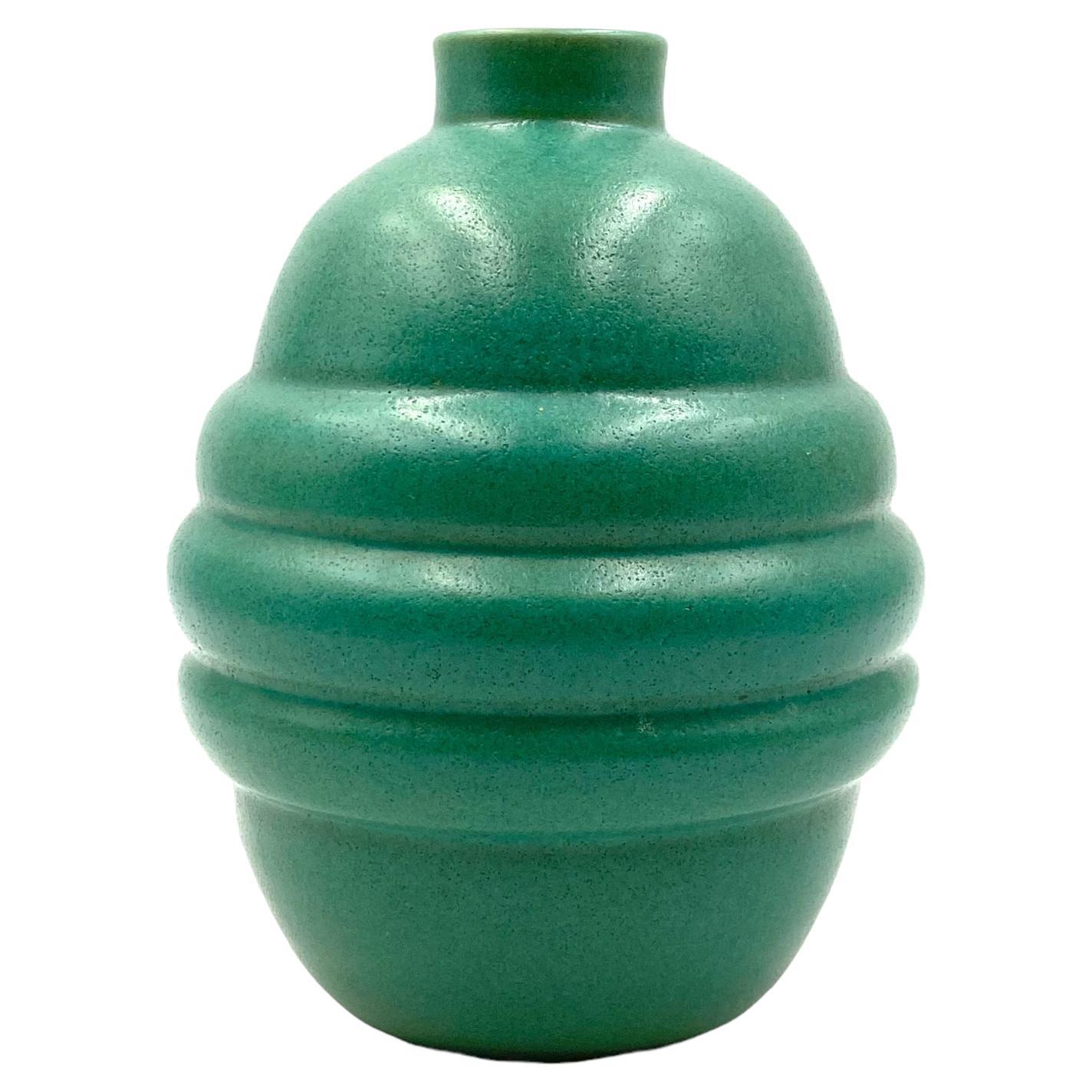 Art Déco Turquoise Faience Vase, France, 1940s For Sale