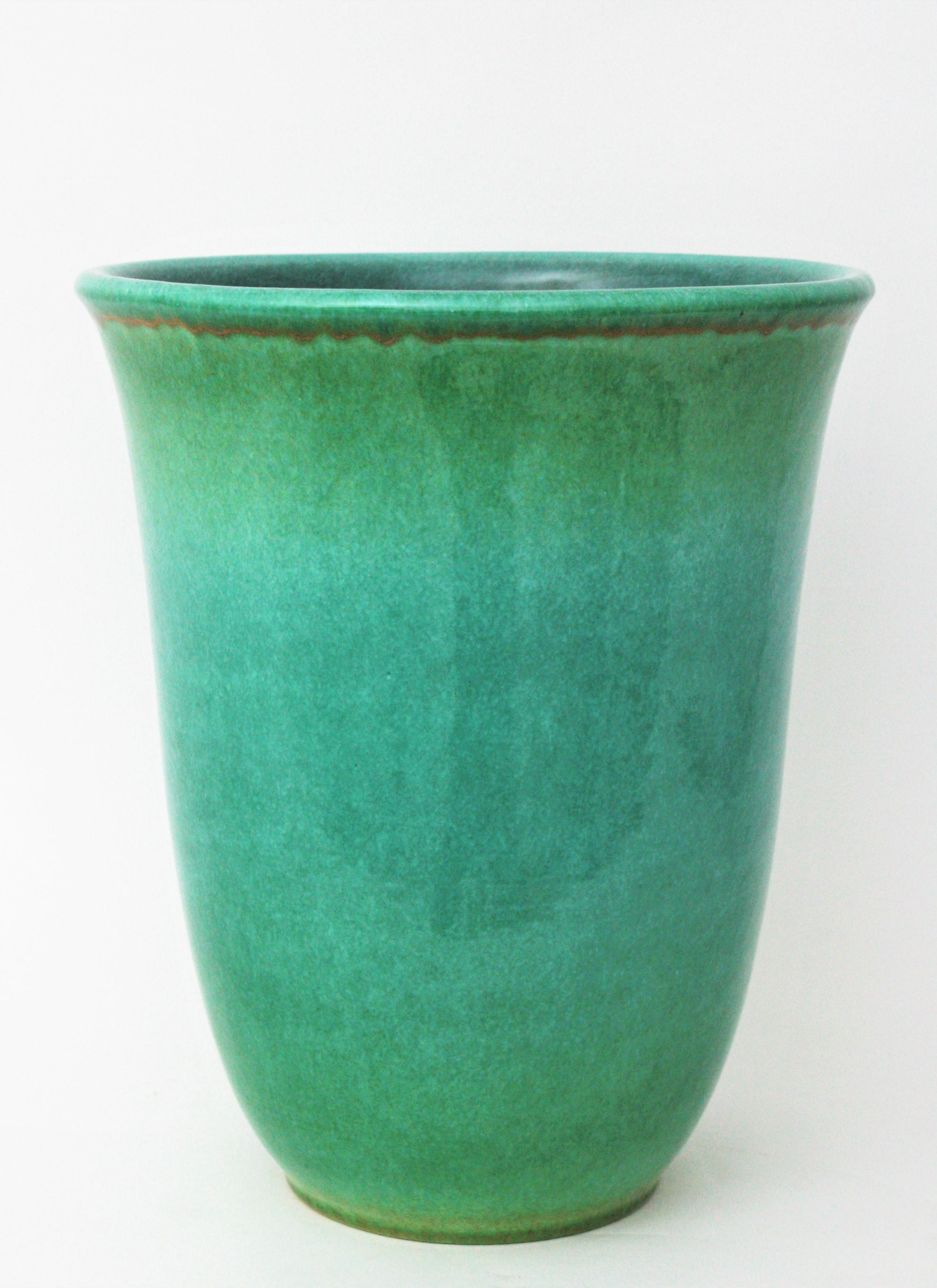 Art Deco Spanish Large Vase by Serra in Turquoise Glazed Ceramic  For Sale