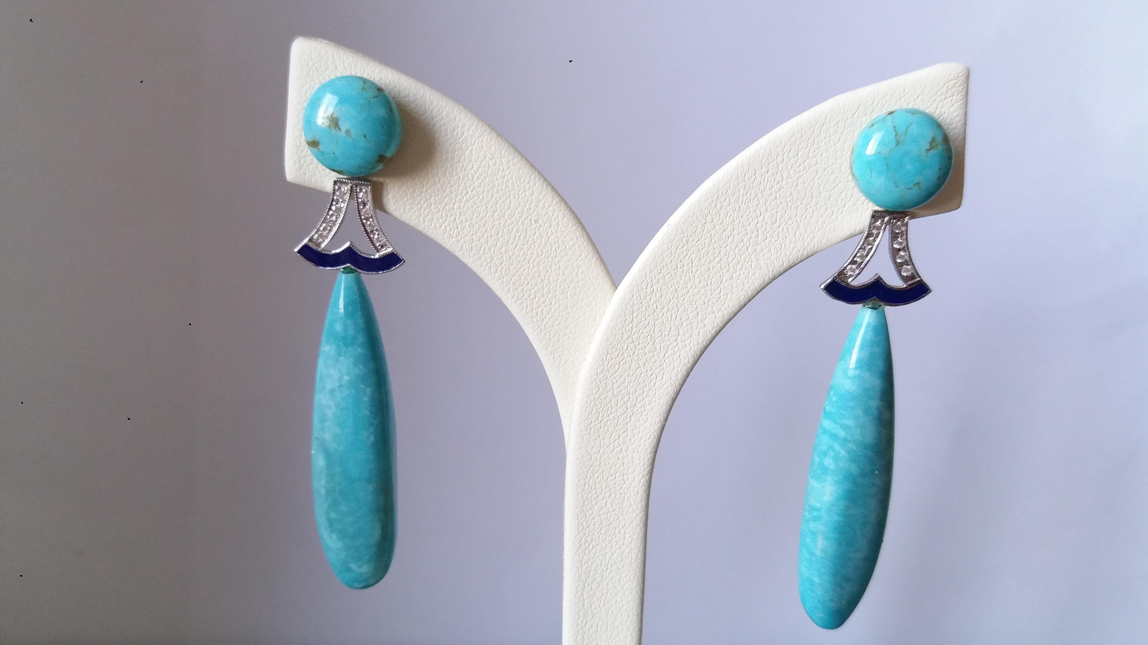 Boucles d'oreilles en gouttes de style Art déco en or, turquoise, diamants et émail bleu Bon état - En vente à Bangkok, TH