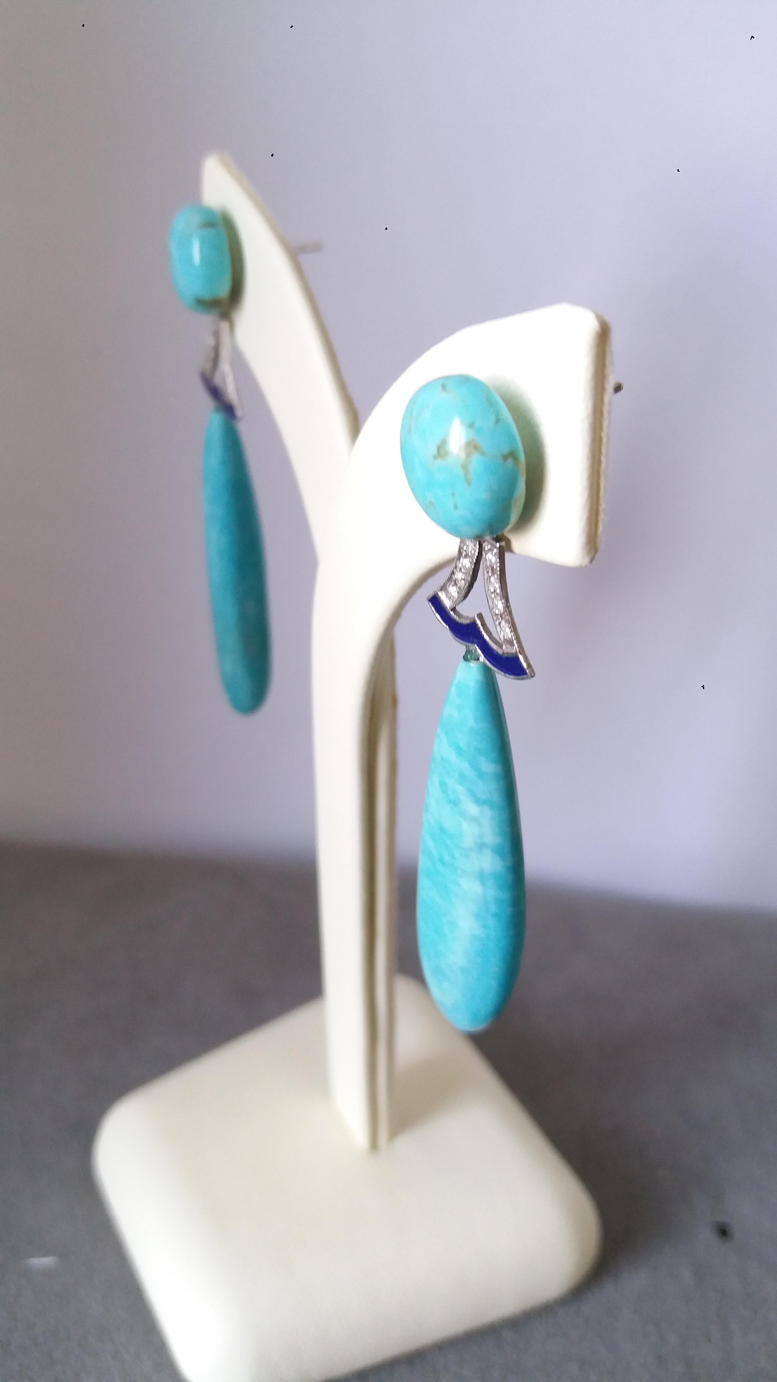 Boucles d'oreilles en gouttes de style Art déco en or, turquoise, diamants et émail bleu Pour femmes en vente