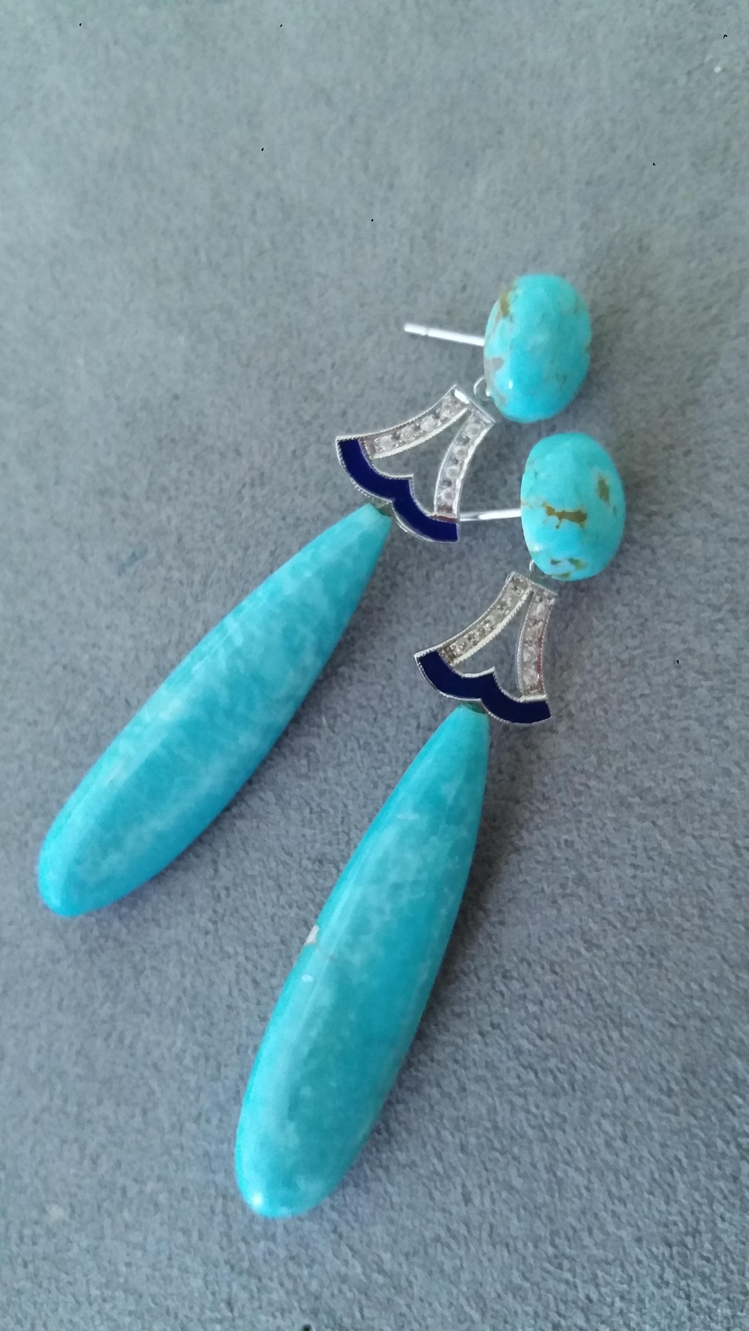 Boucles d'oreilles en gouttes de style Art déco en or, turquoise, diamants et émail bleu en vente 1