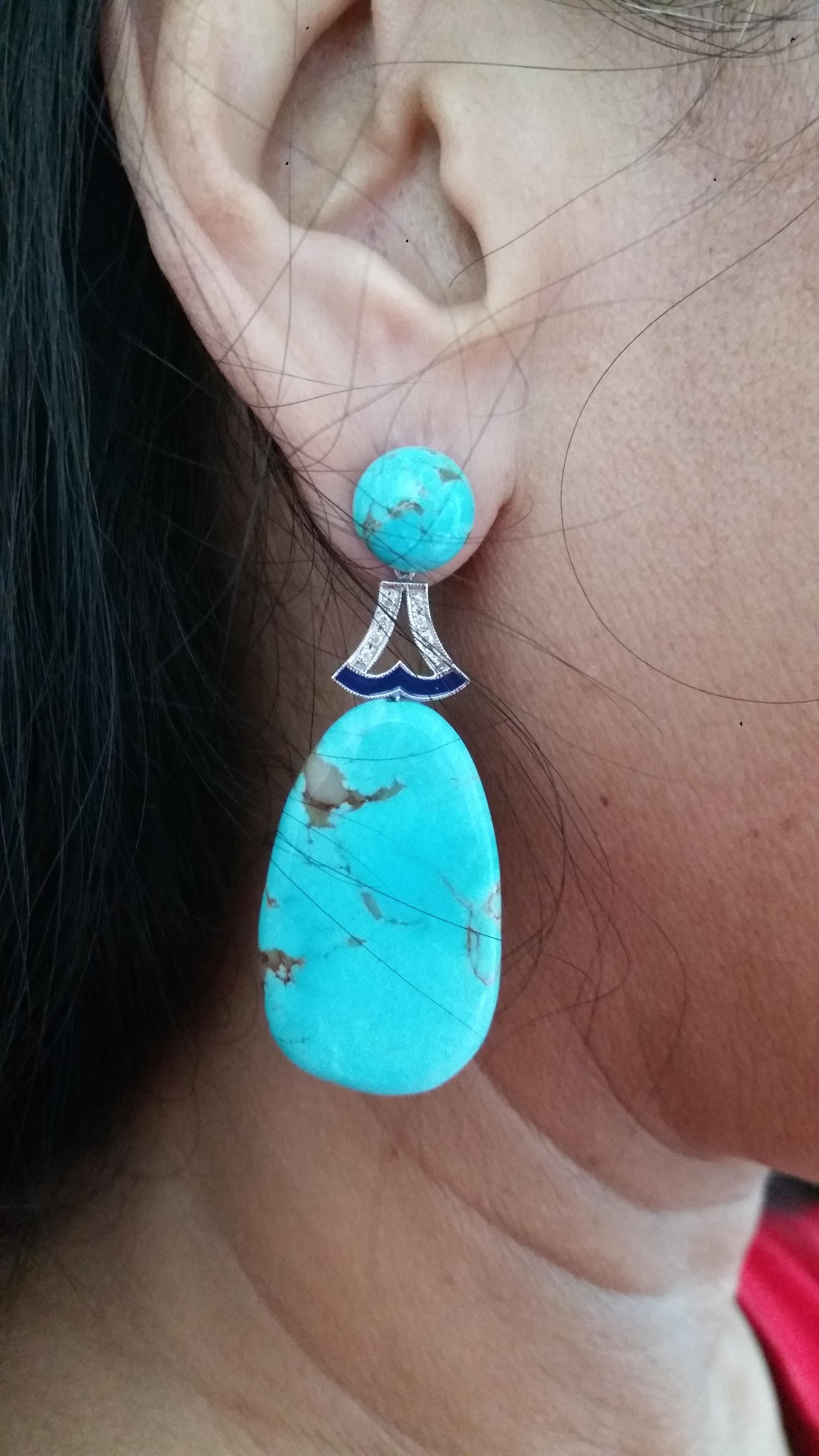 2 round genuine Turquoise buttons tops,middle parts in white gold, 16 round full cut diamonds,blue enamel,2 big flat genuine  Turquoise drops
Length 56 mm
Width  22 mm
Weoght 15 grams
In 1978 our workshop started in Italy to make simple-chic Art