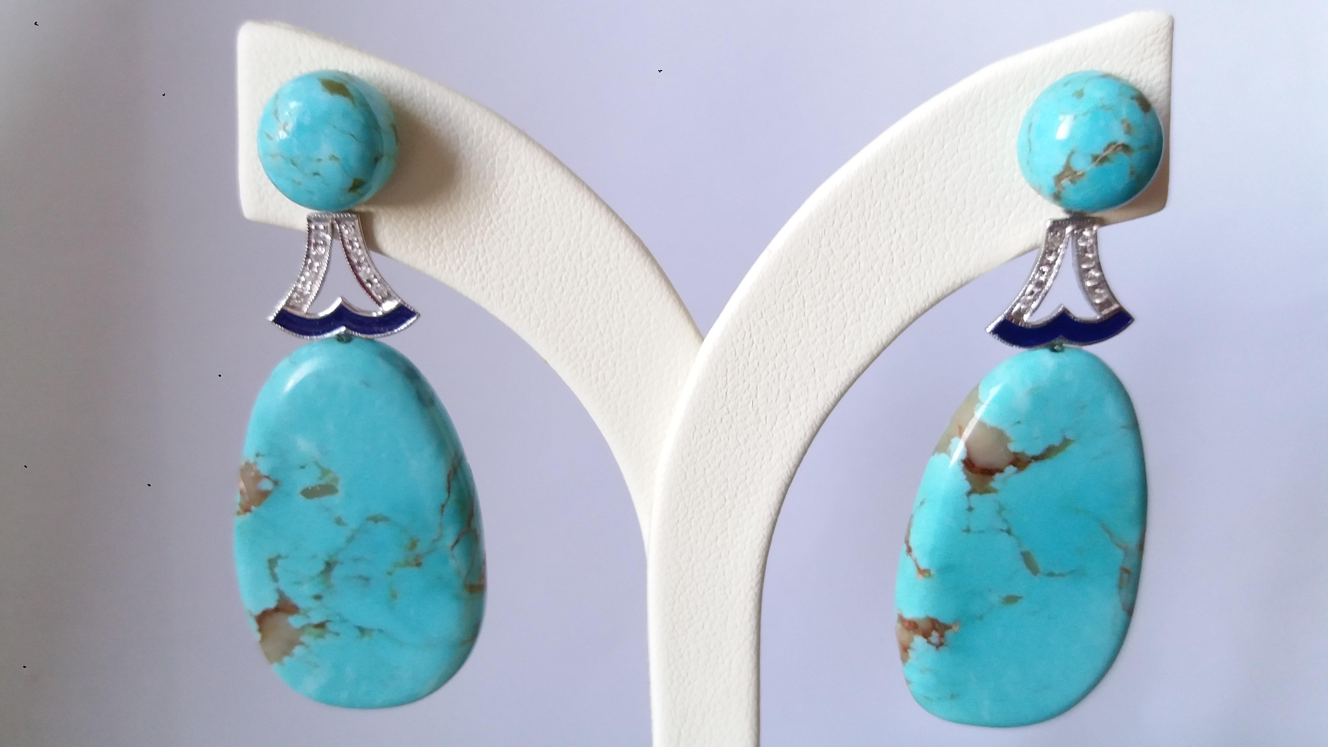 Mixed Cut Art Deco Style Turquoise Gold Diamonds Blue Enamel Flat Drop Earrings For Sale