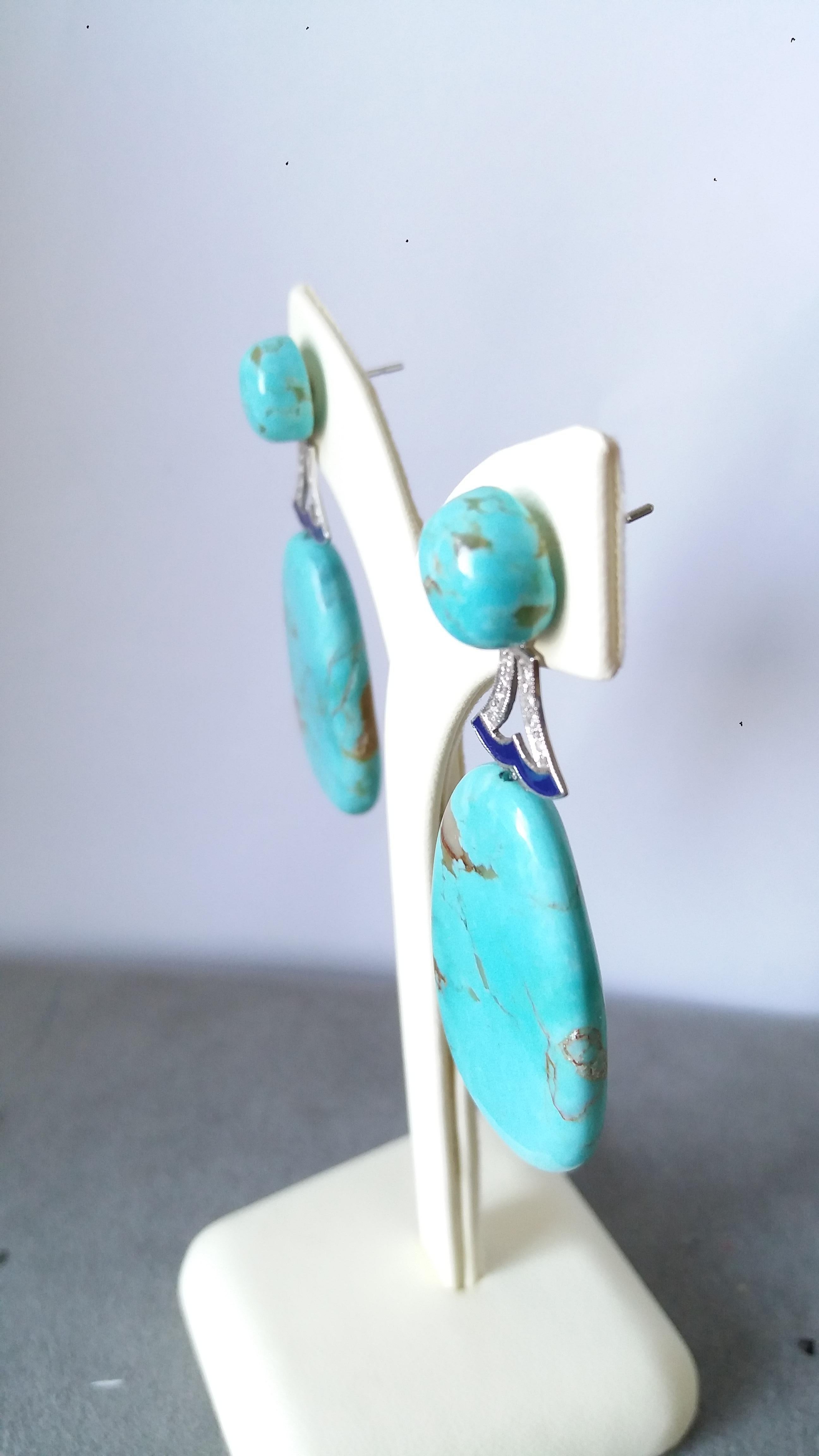 Art Deco Style Turquoise Gold Diamonds Blue Enamel Flat Drop Earrings In Good Condition For Sale In Bangkok, TH
