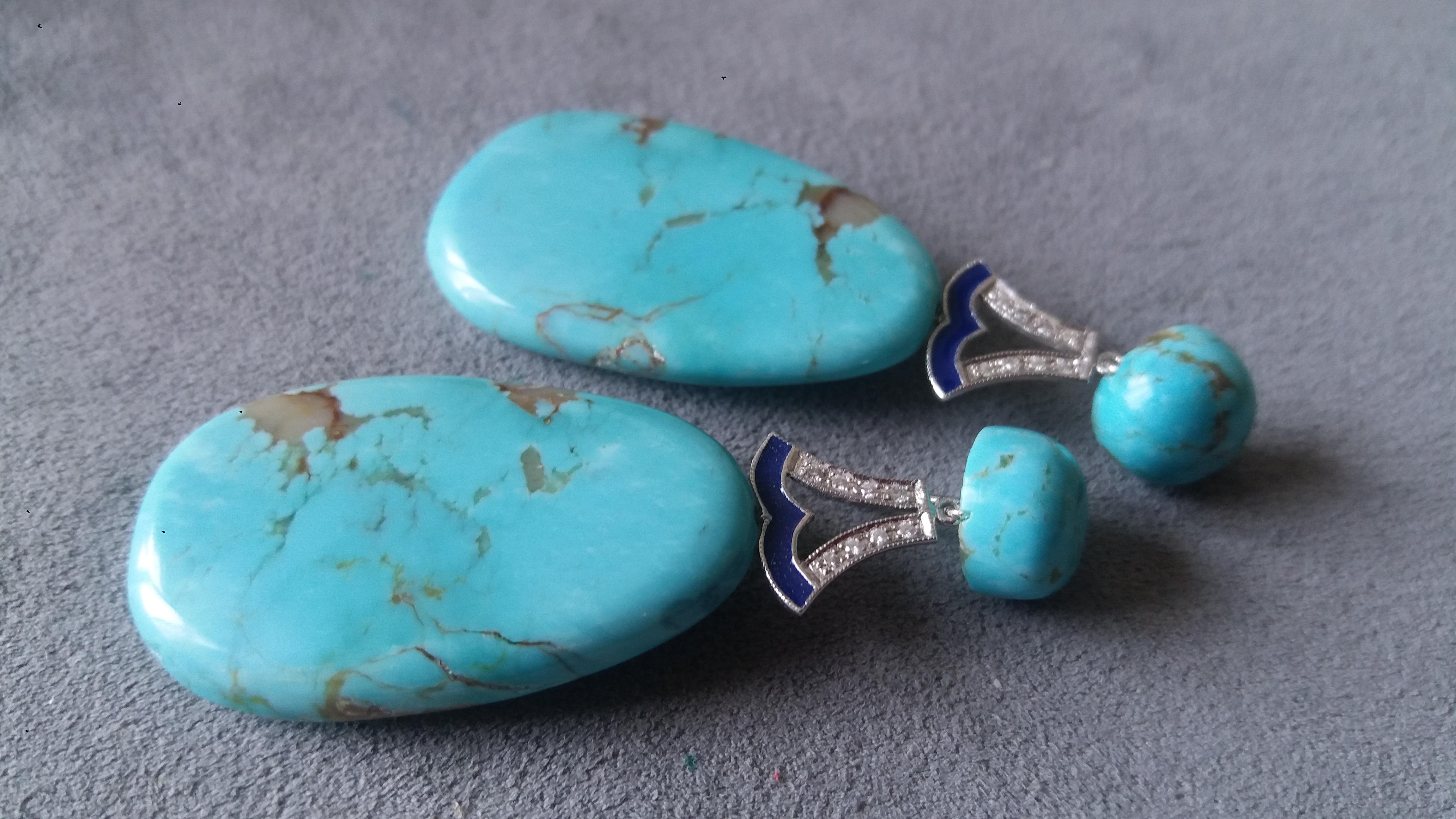 Women's Art Deco Style Turquoise Gold Diamonds Blue Enamel Flat Drop Earrings For Sale