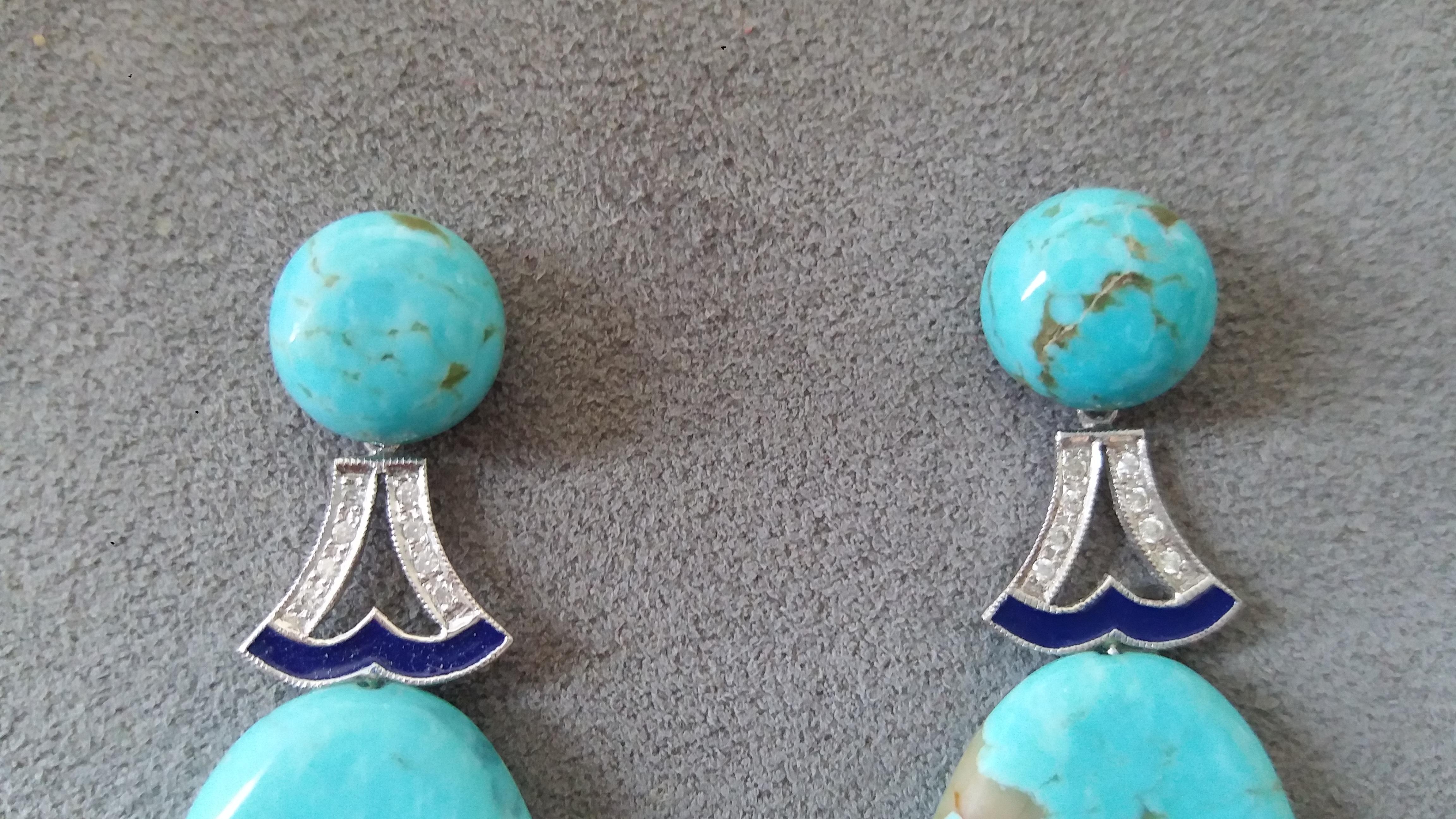 Art Deco Style Turquoise Gold Diamonds Blue Enamel Flat Drop Earrings For Sale 1