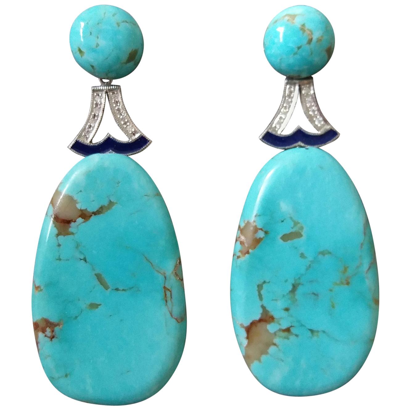 Art Deco Style Turquoise Gold Diamonds Blue Enamel Flat Drop Earrings For Sale