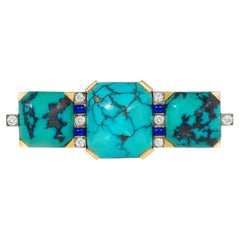 Art Deco turquoise, lapis and diamond bar brooch