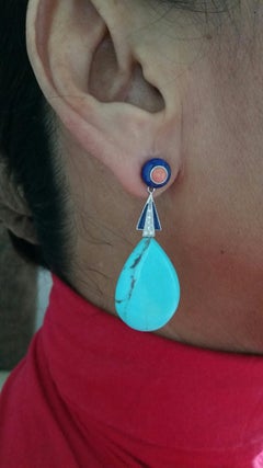Art Deco Style Turquoise Lapis Lazuli Coral Gold Diamonds Blue Enamel Earrings