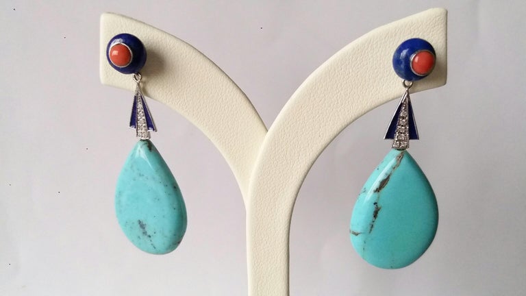 Art Deco Style Turquoise Lapis Lazuli Coral Gold Diamonds Blue Enamel Earrings In Good Condition For Sale In Bangkok, TH