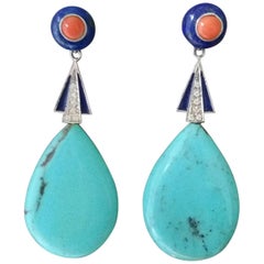 Pendientes de Turquesa Lapislázuli Coral Oro Diamantes Esmalte Azul Estilo Art Déco