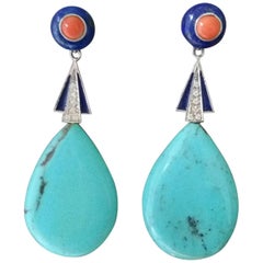 Vintage Art Deco Style Turquoise Lapis Lazuli Coral Gold Diamonds Blue Enamel Earrings