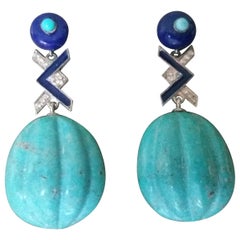 Art Deco Style Turquoise Lapis Lazuli Gold Diamonds Blue Enamel Drops Earrings