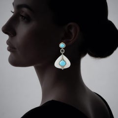 Art Deco Turquoise, Moonstone and Diamond Drop Earrings in Silver and 18K Gold