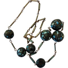 Art Deco Türkis Mosaik Perlenkette auf vergoldetem Emaille Bar Link Kette, ca. 1920er Jahre