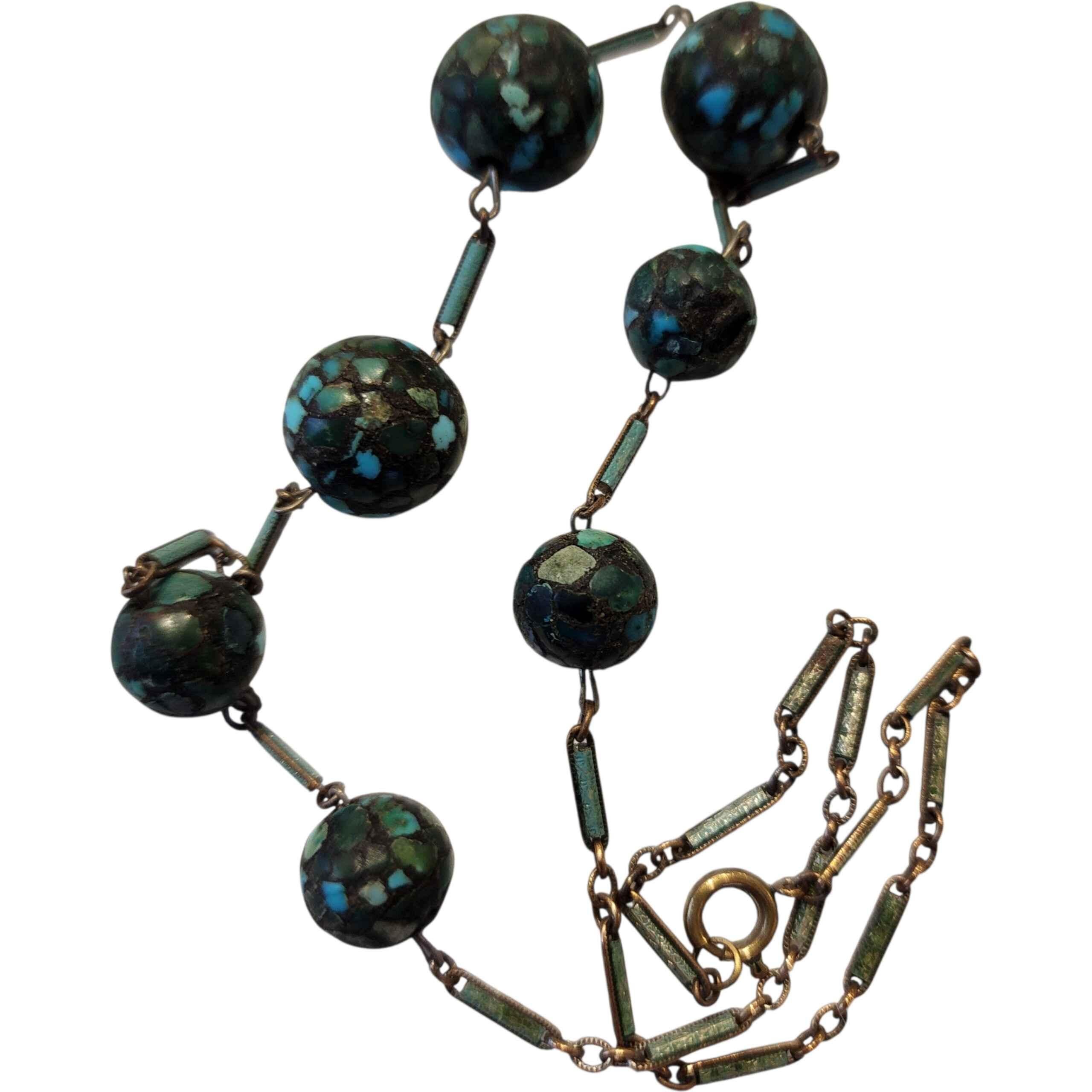 Art Déco Art Deco Turquoise Mosaic Bead Necklace on Gilt Enamel Bar Link Chain, c. 1920s in vendita