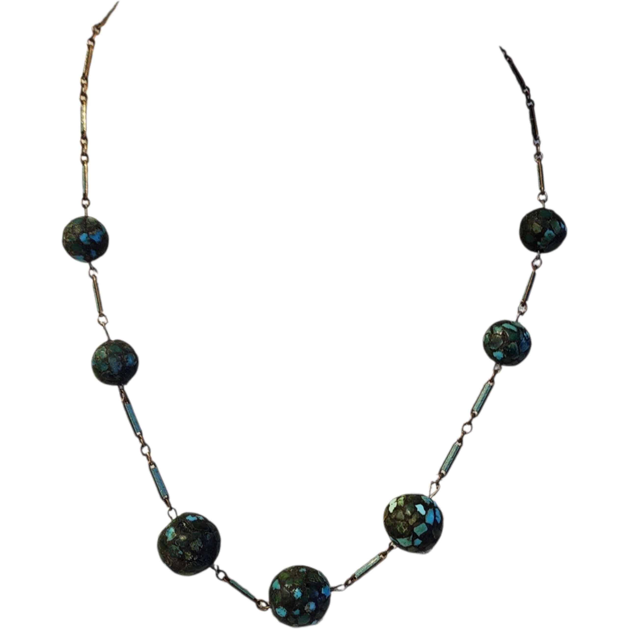 Cabochon Art Deco Turquoise Mosaic Bead Necklace on Gilt Enamel Bar Link Chain, c. 1920s in vendita