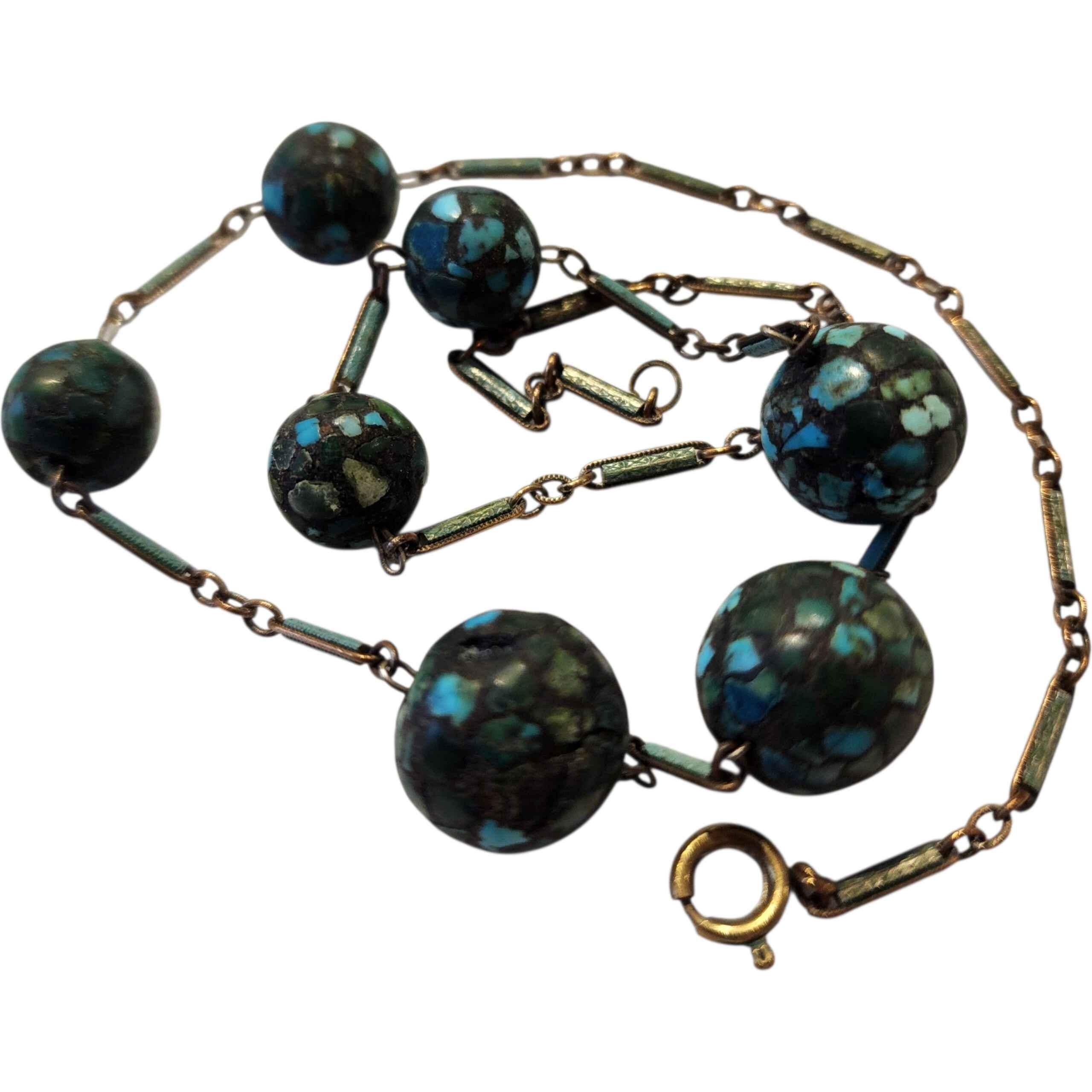 da uomo o donna Art Deco Turquoise Mosaic Bead Necklace on Gilt Enamel Bar Link Chain, c. 1920s in vendita