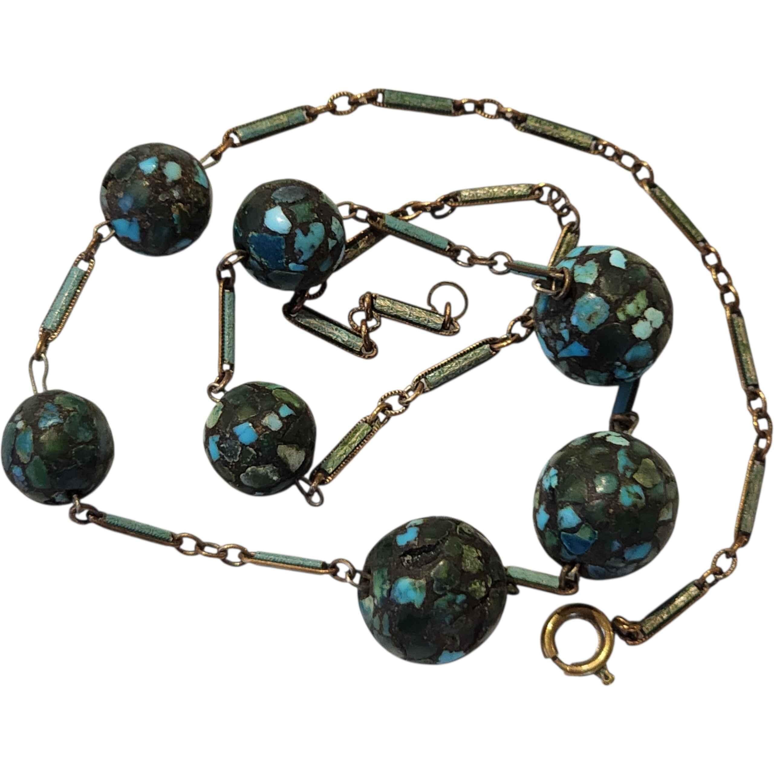 Art Deco Turquoise Mosaic Bead Necklace on Gilt Enamel Bar Link Chain, c. 1920s in vendita 1