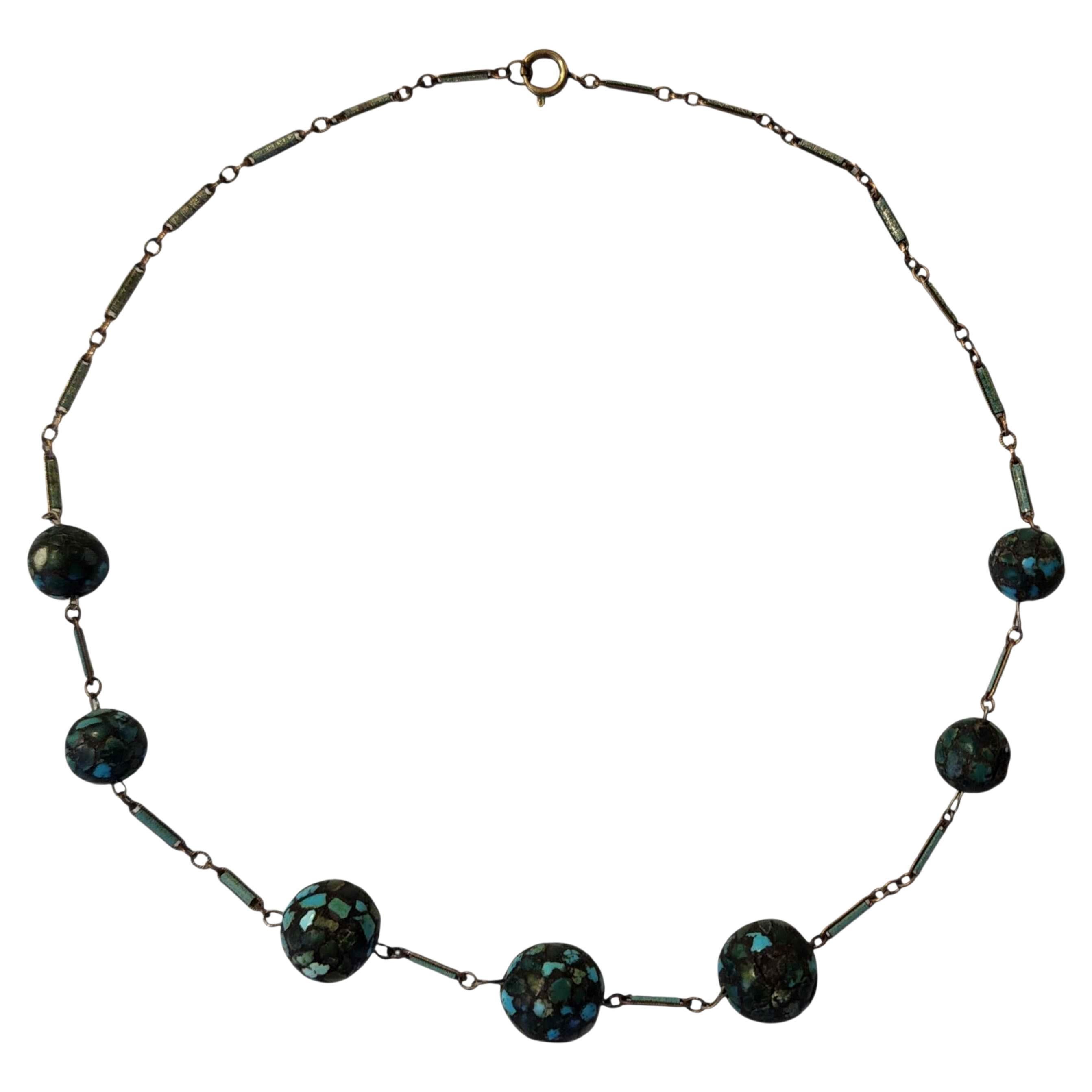 Art Deco Turquoise Mosaic Bead Necklace on Gilt Enamel Bar Link Chain, c. 1920s