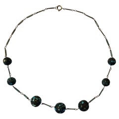 Art Deco Turquoise Mosaic Bead Necklace on Gilt Enamel Bar Link Chain, c. 1920s
