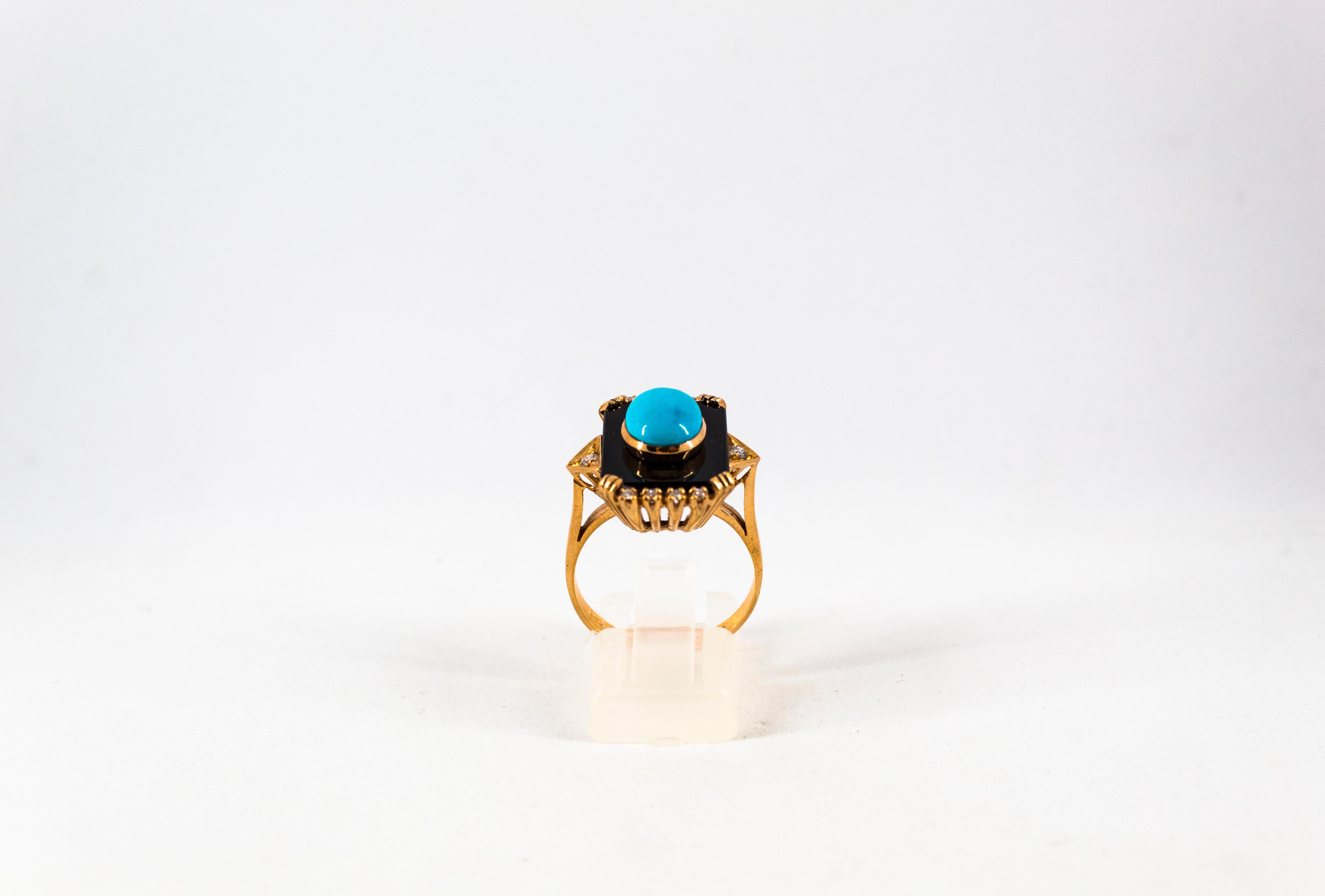 This Ring is made of 14K Yellow Gold.
This Ring has 0.18 Carats of White Diamonds.
This Ring has Turquoise.
This Ring has also Onyx.
Size ITA: 16 USA: 7 1/2
This Ring is available also with a central 2.10 Carats Ruby or with a central Mediterranean