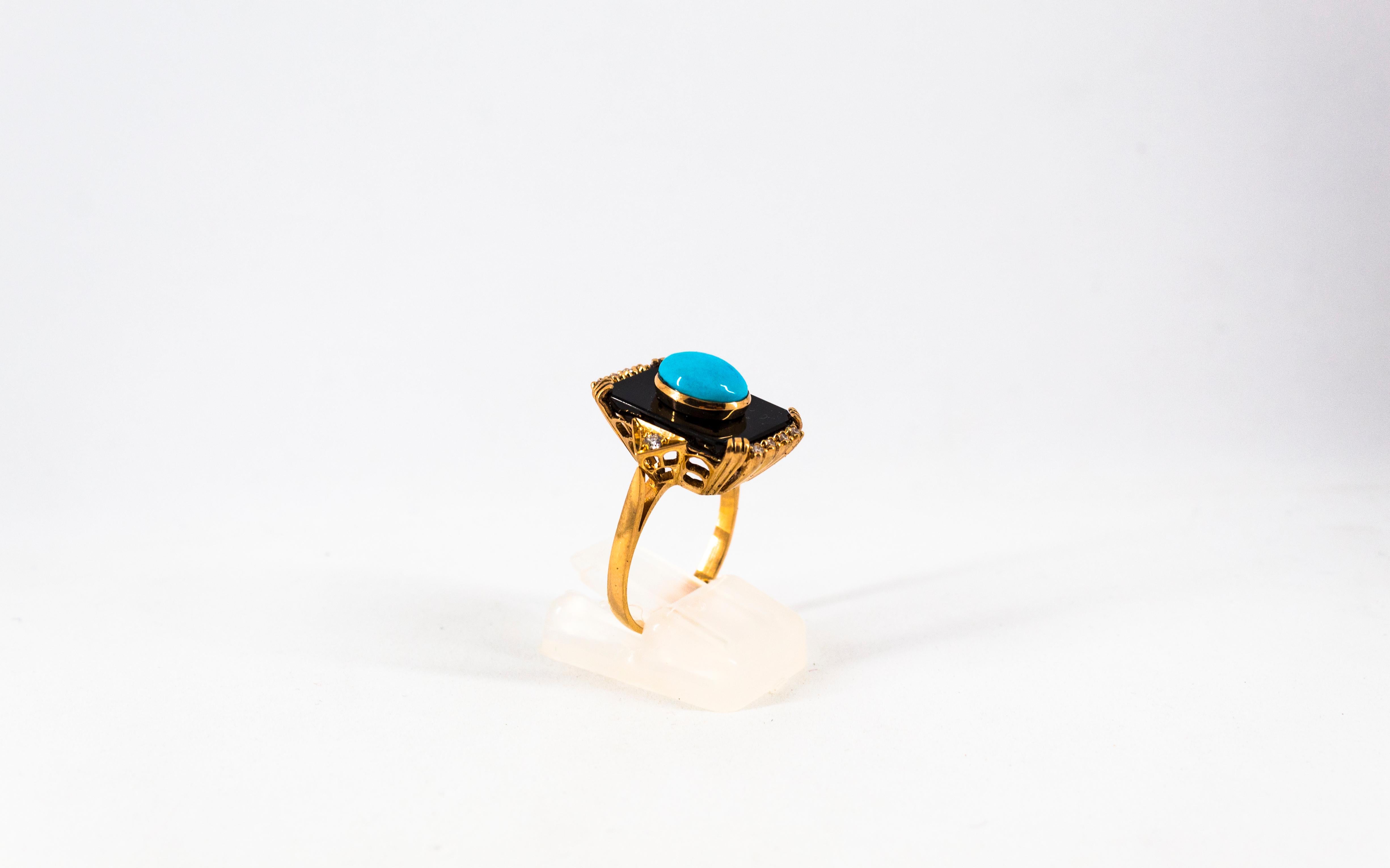 Art Deco Turquoise Onyx 0.18 Carat White Diamond Yellow Gold Cocktail Ring In New Condition In Naples, IT