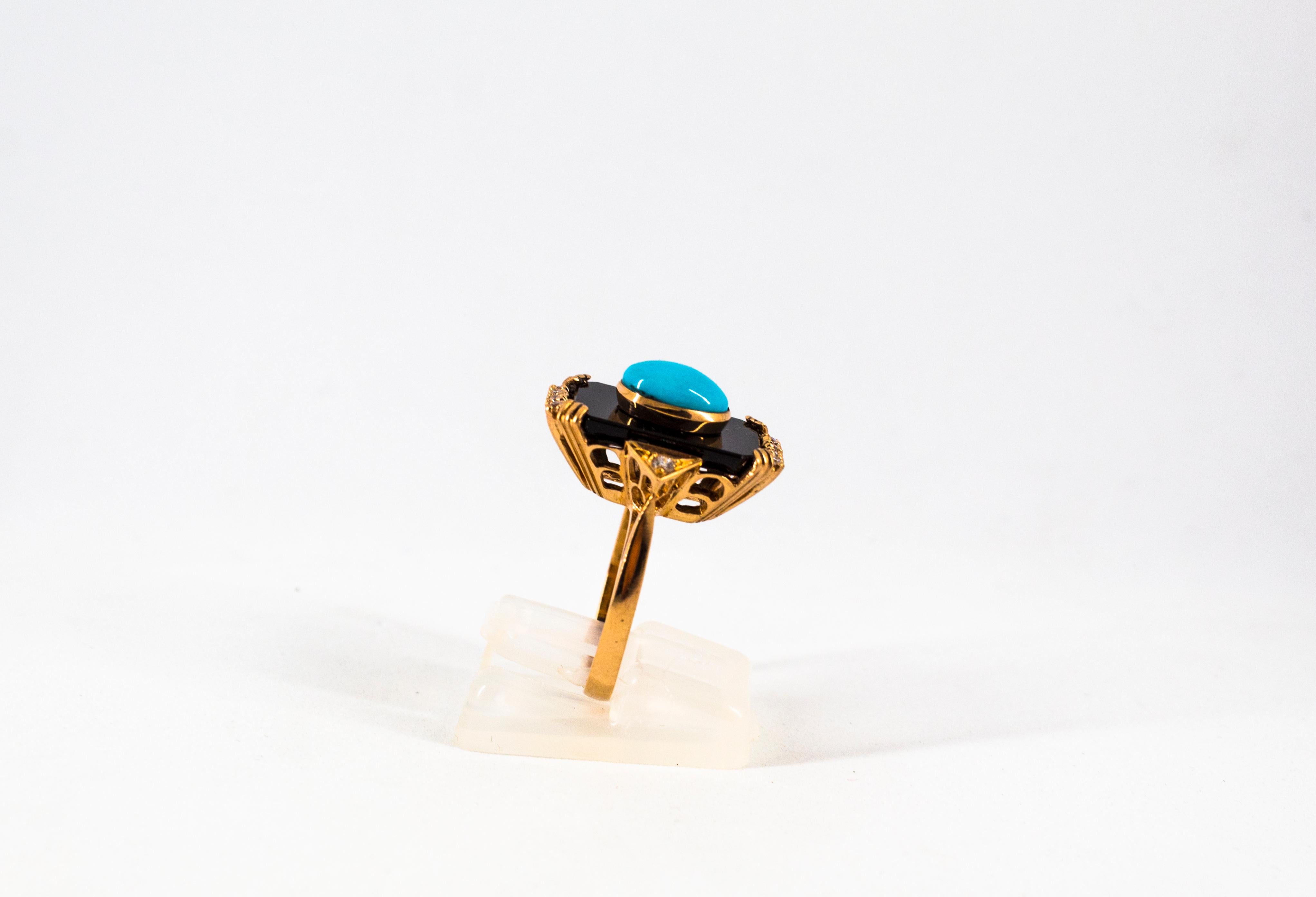 Women's or Men's Art Deco Turquoise Onyx 0.18 Carat White Diamond Yellow Gold Cocktail Ring