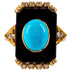 turquoise Art Deco Style Turquoise Onyx 0.18 Carat White Diamond Yellow Gold Cocktail Ring
