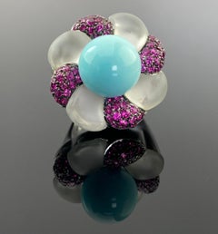 Art Deco Turquoise, Ruby and Rock Crystal 18K Gold Cocktail Ring
