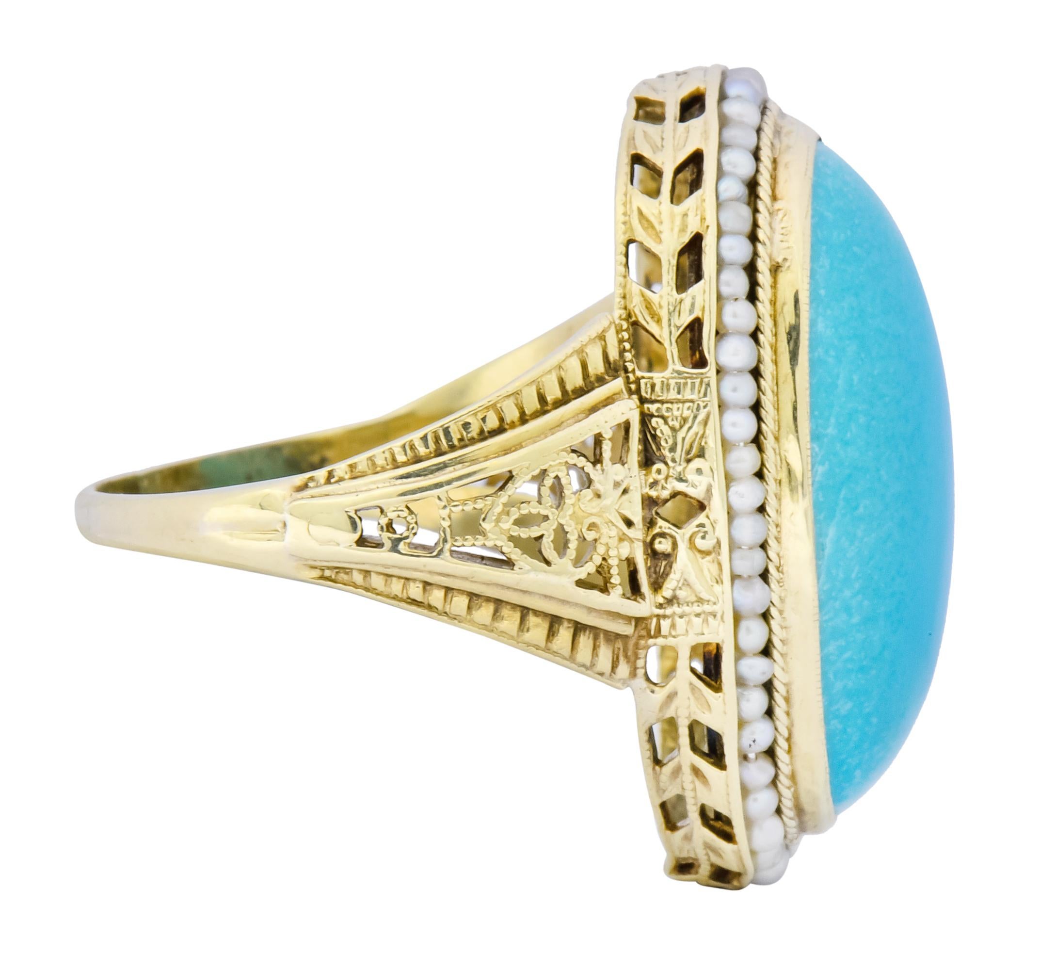Oval Cut Art Deco Turquoise Seed Pearl 14 Karat Gold Fashion Ring