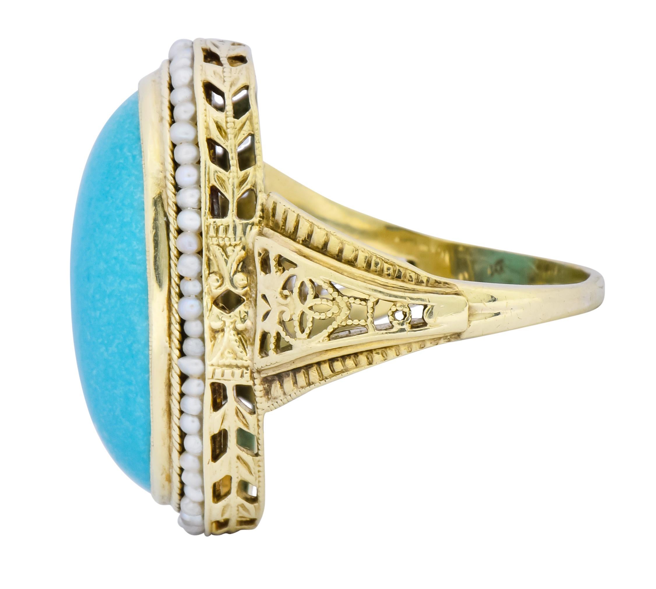 Women's or Men's Art Deco Turquoise Seed Pearl 14 Karat Gold Fashion Ring