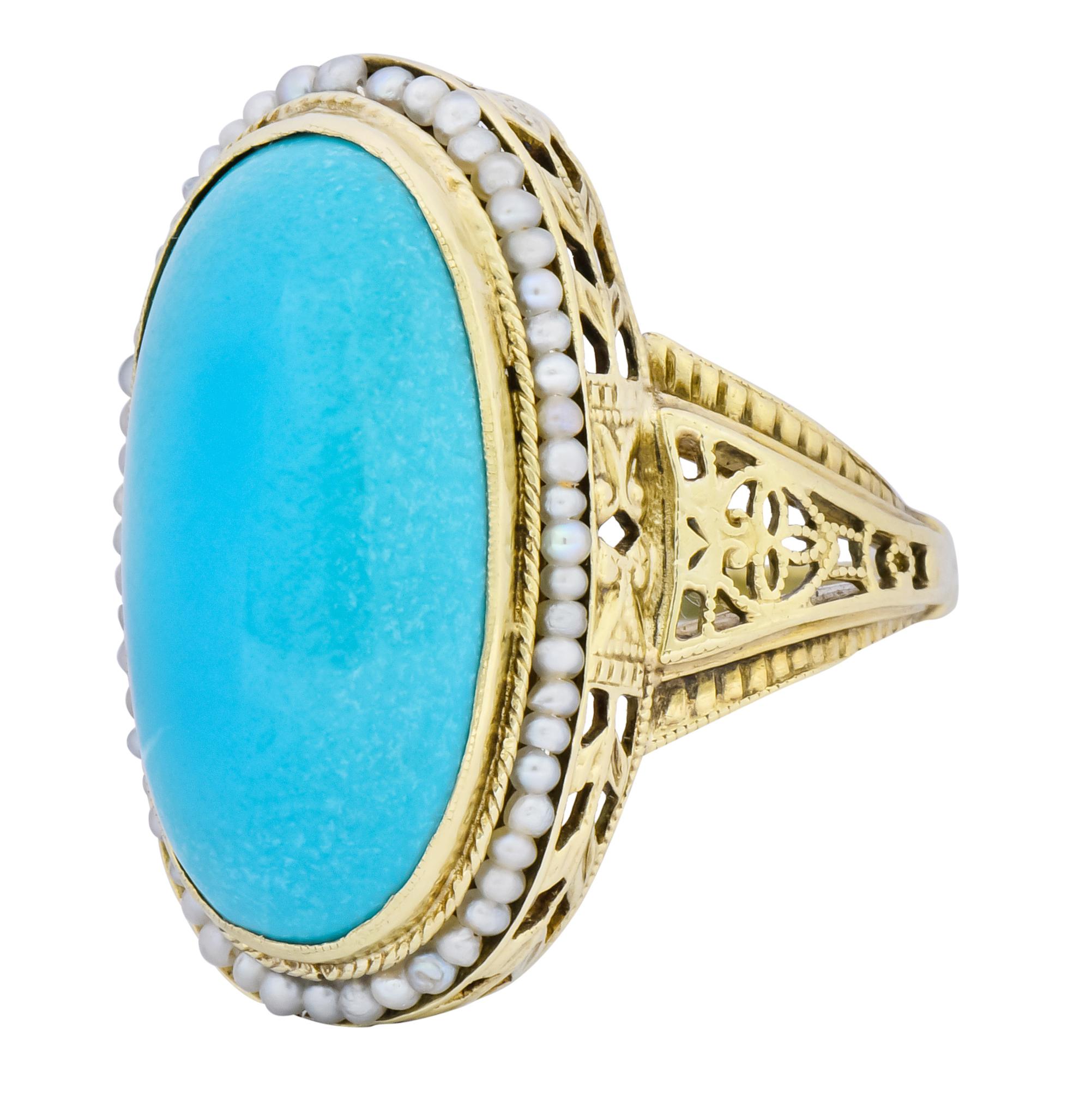 Art Deco Turquoise Seed Pearl 14 Karat Gold Fashion Ring 1