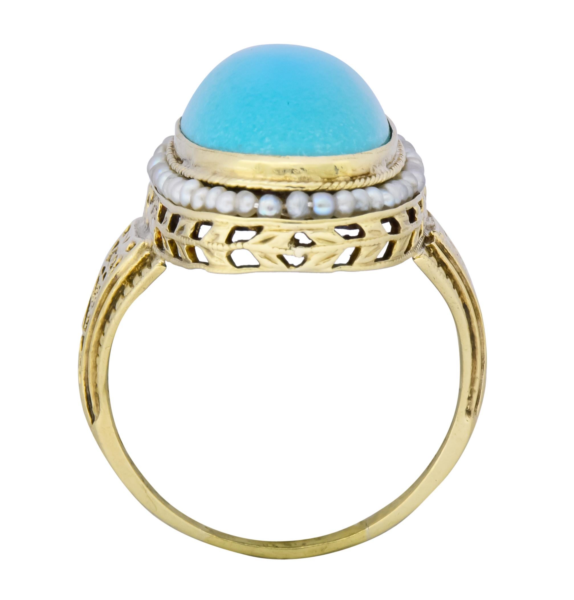 Art Deco Turquoise Seed Pearl 14 Karat Gold Fashion Ring 2