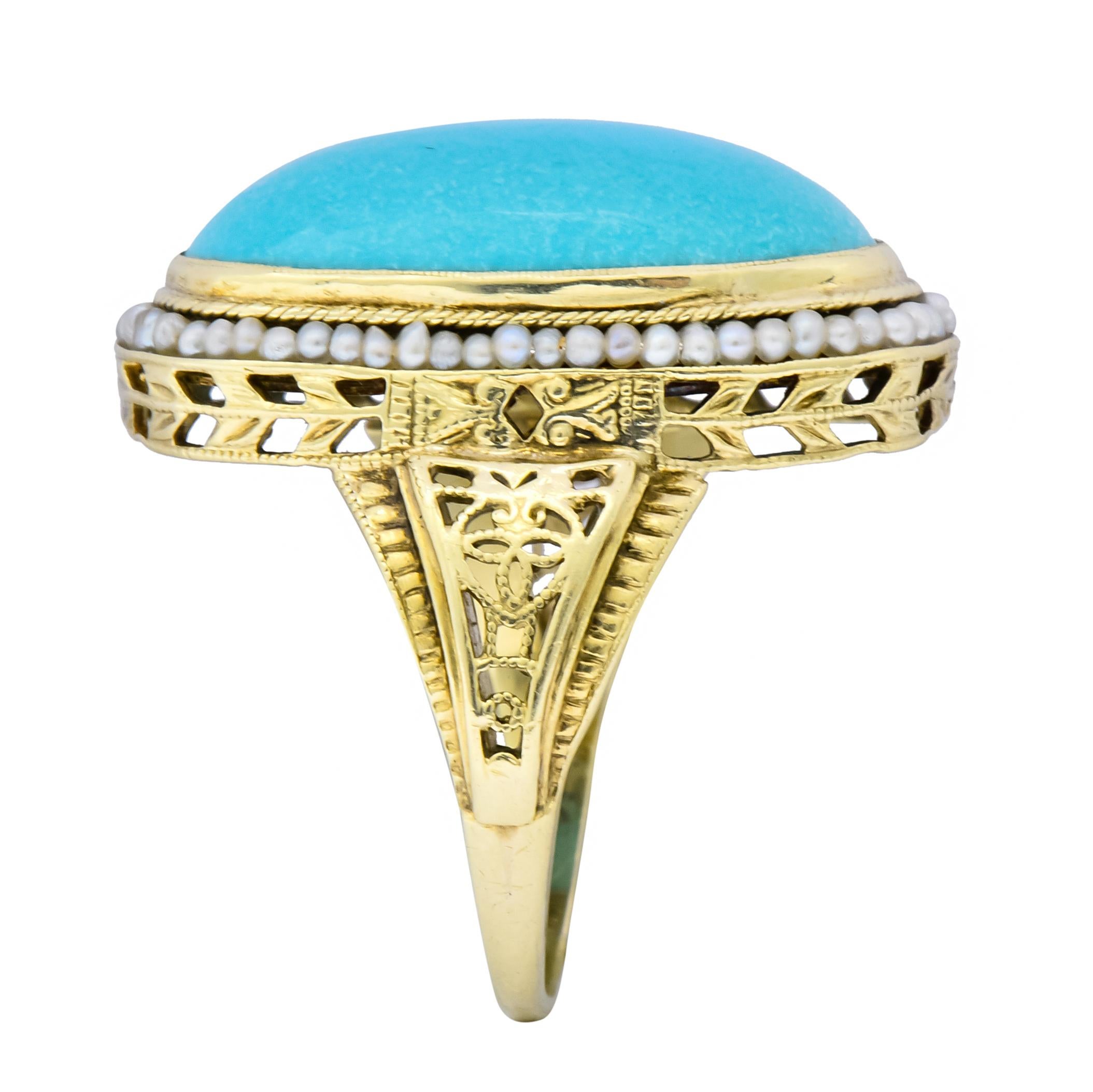 Art Deco Turquoise Seed Pearl 14 Karat Gold Fashion Ring 3