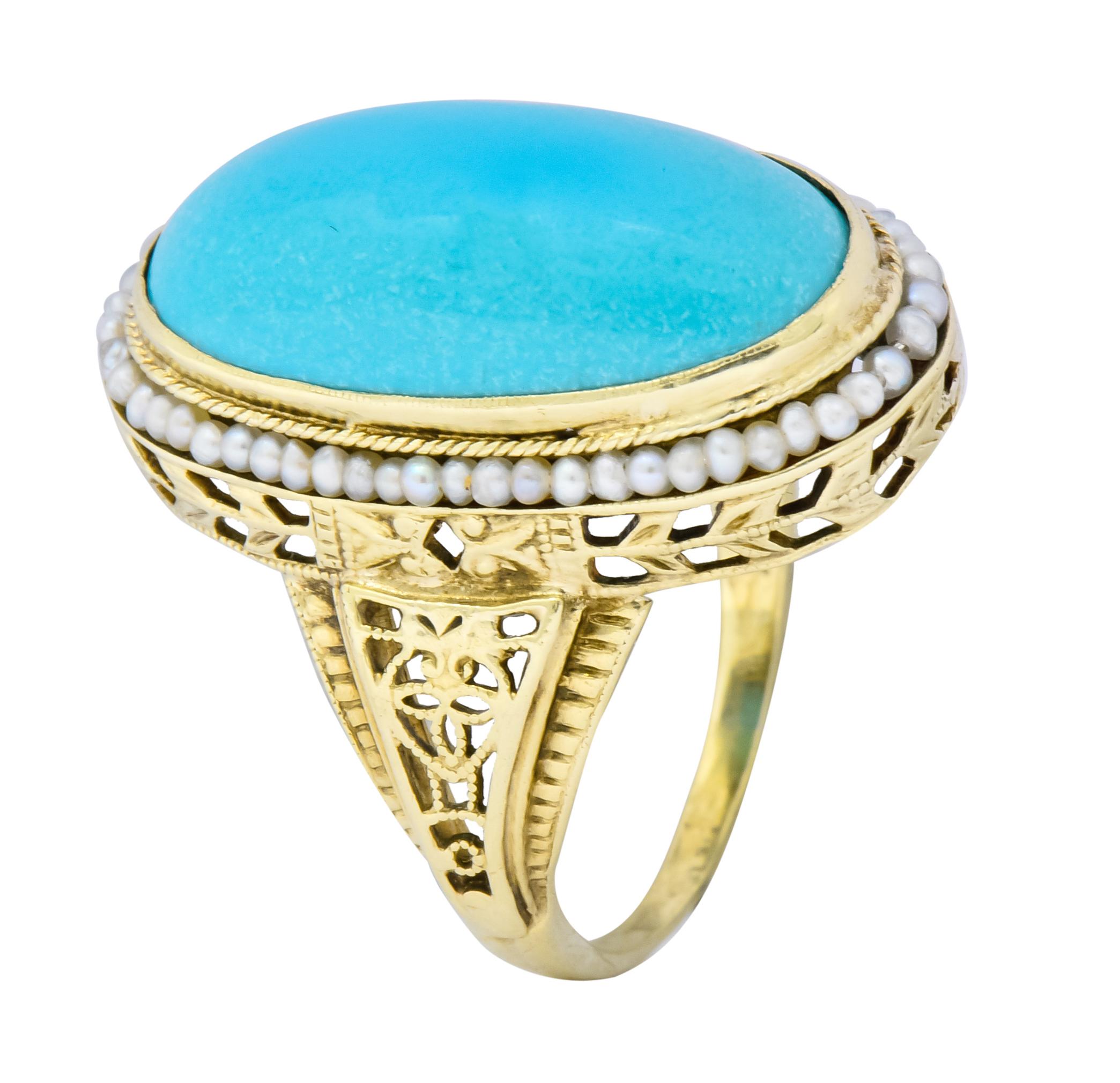 Art Deco Turquoise Seed Pearl 14 Karat Gold Fashion Ring 4