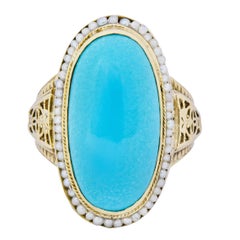 Art Deco Turquoise Seed Pearl 14 Karat Gold Fashion Ring