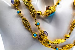Art Deco Turquoise Tourmaline Chalcedony Chrysoprase Yellow Gold Drop Necklace