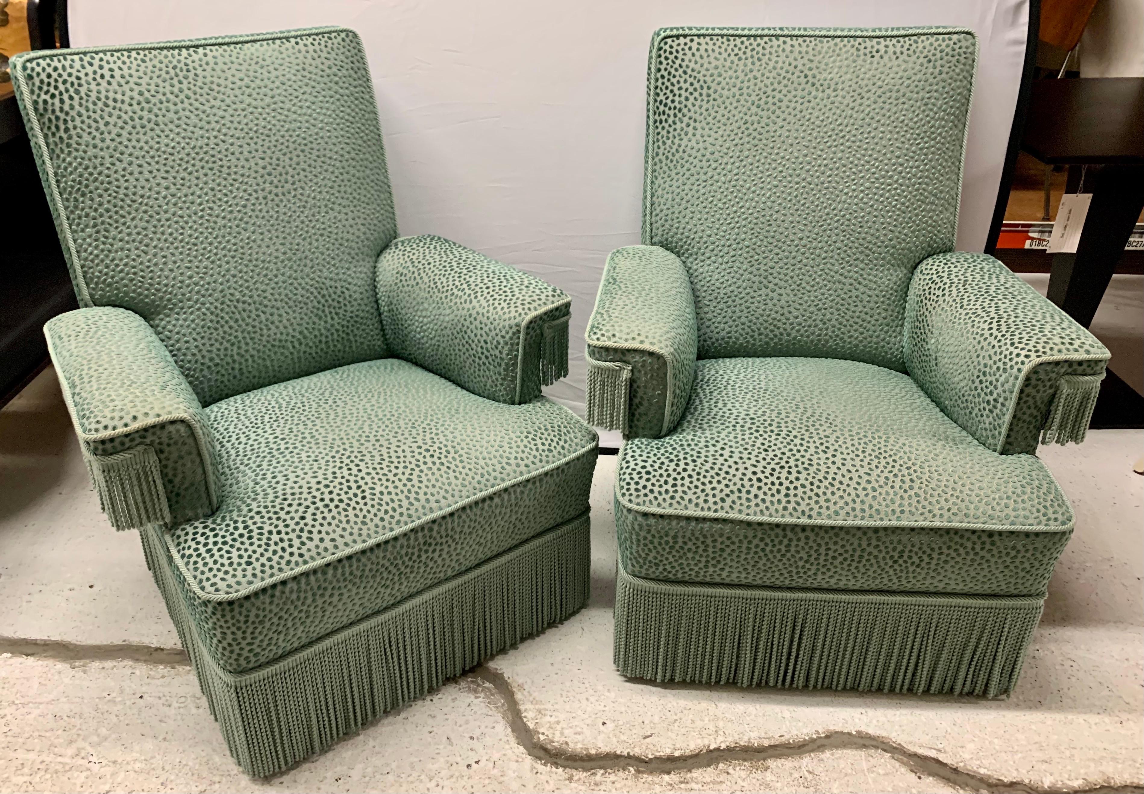 Art Deco Turquoise Velvet Upholstered Armchairs with Fringe 5