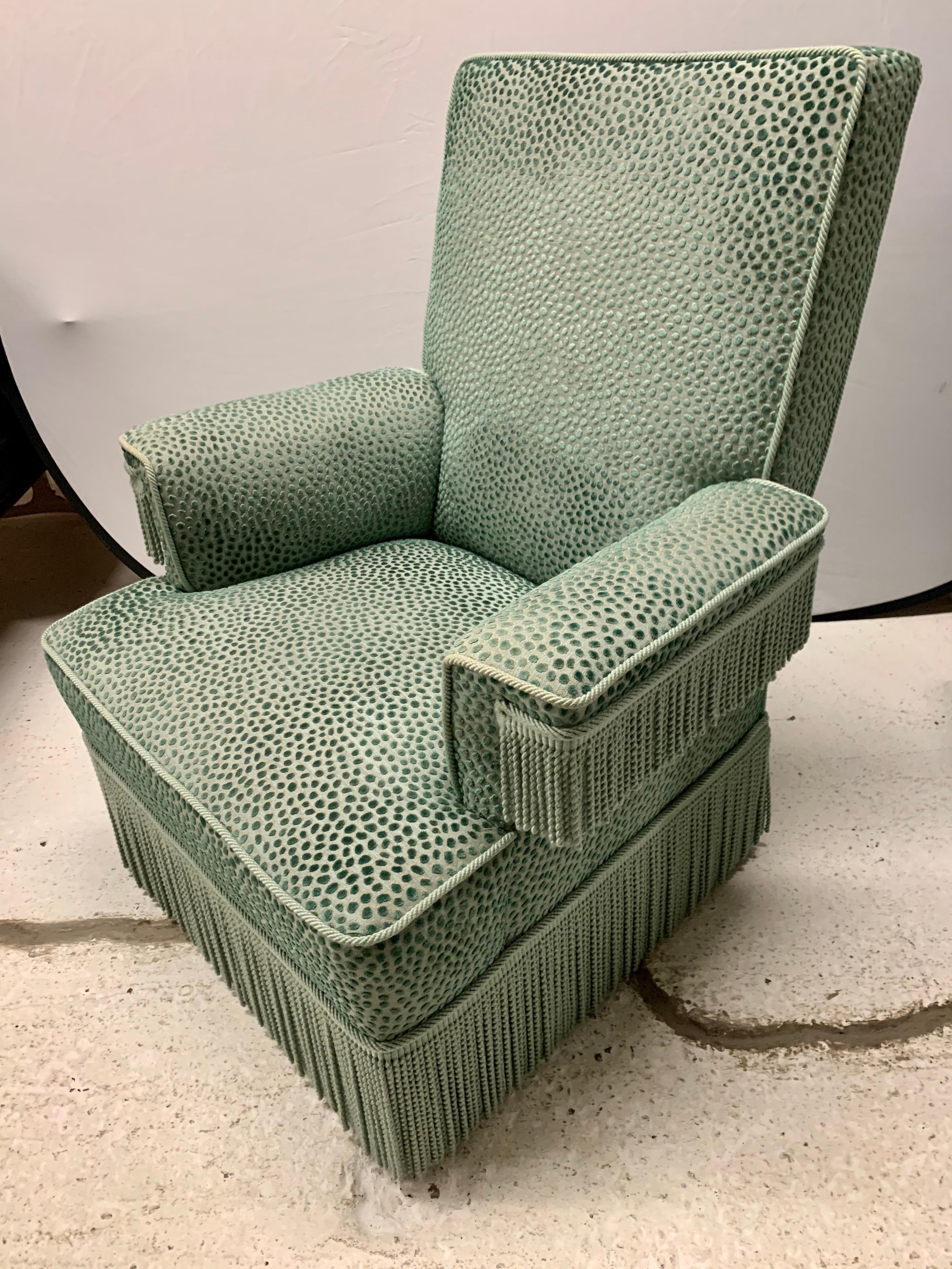 Art Deco Turquoise Velvet Upholstered Armchairs with Fringe In Good Condition In West Hartford, CT