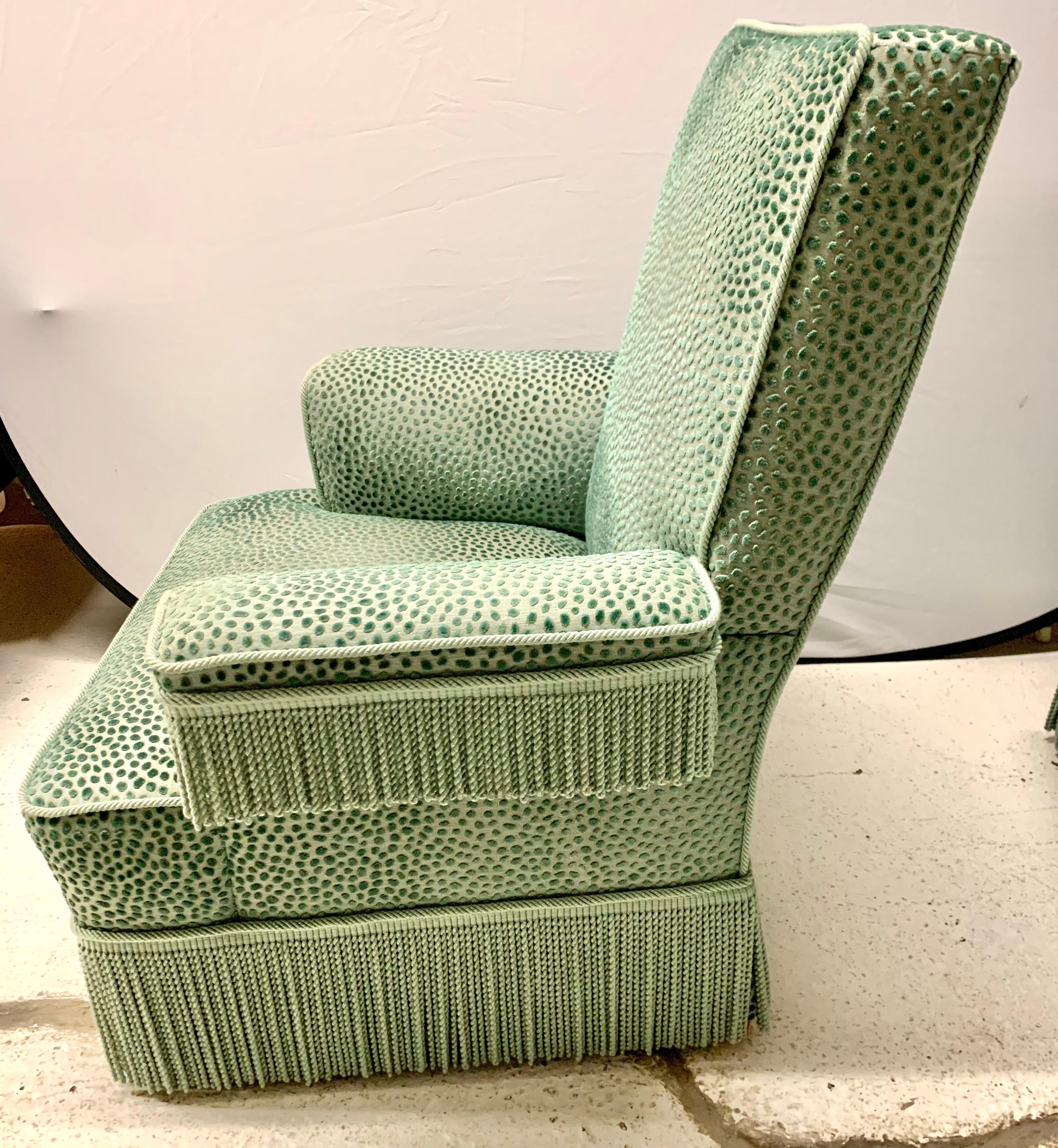 20th Century Art Deco Turquoise Velvet Upholstered Armchairs with Fringe