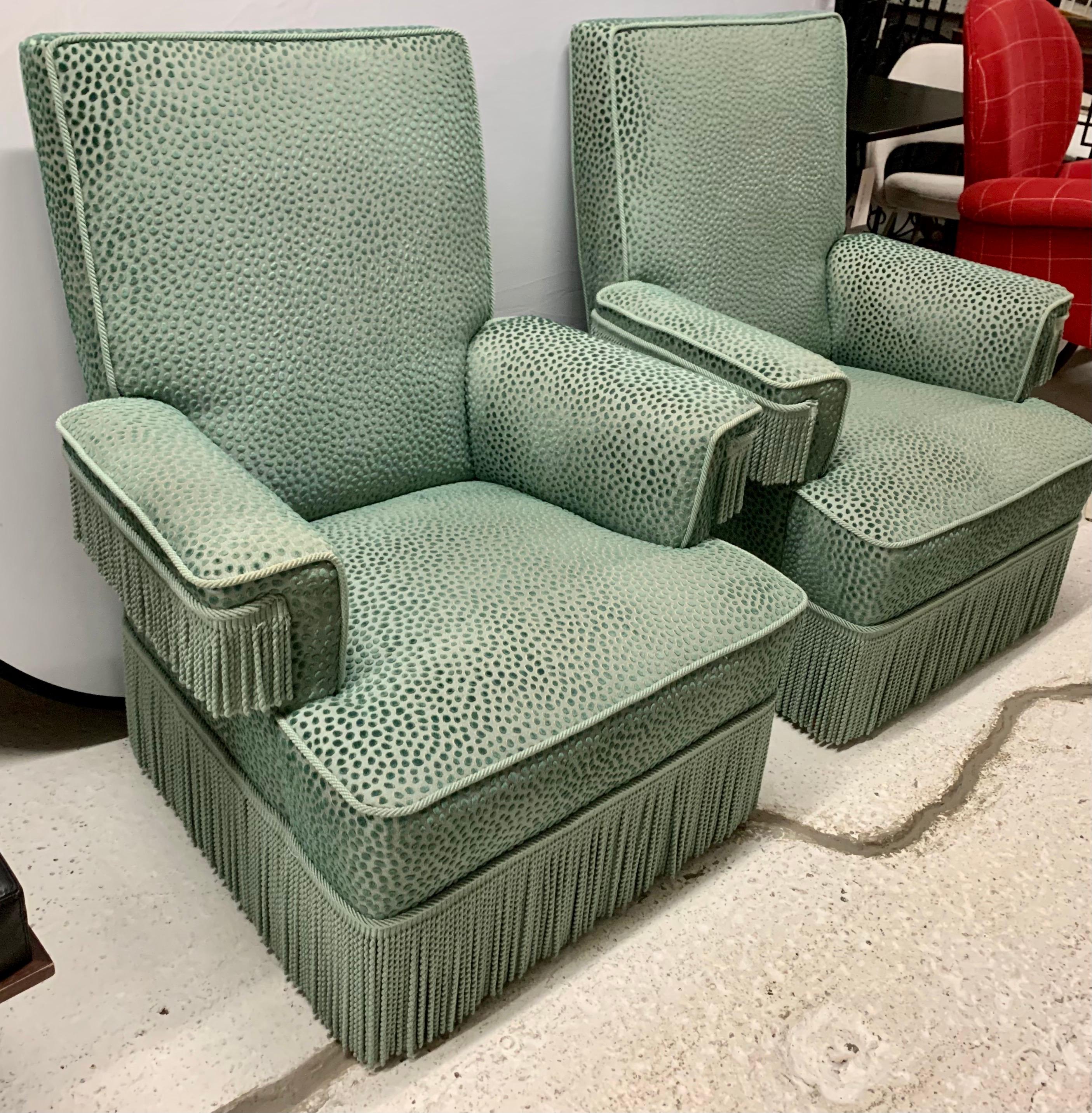 Art Deco Turquoise Velvet Upholstered Armchairs with Fringe 4
