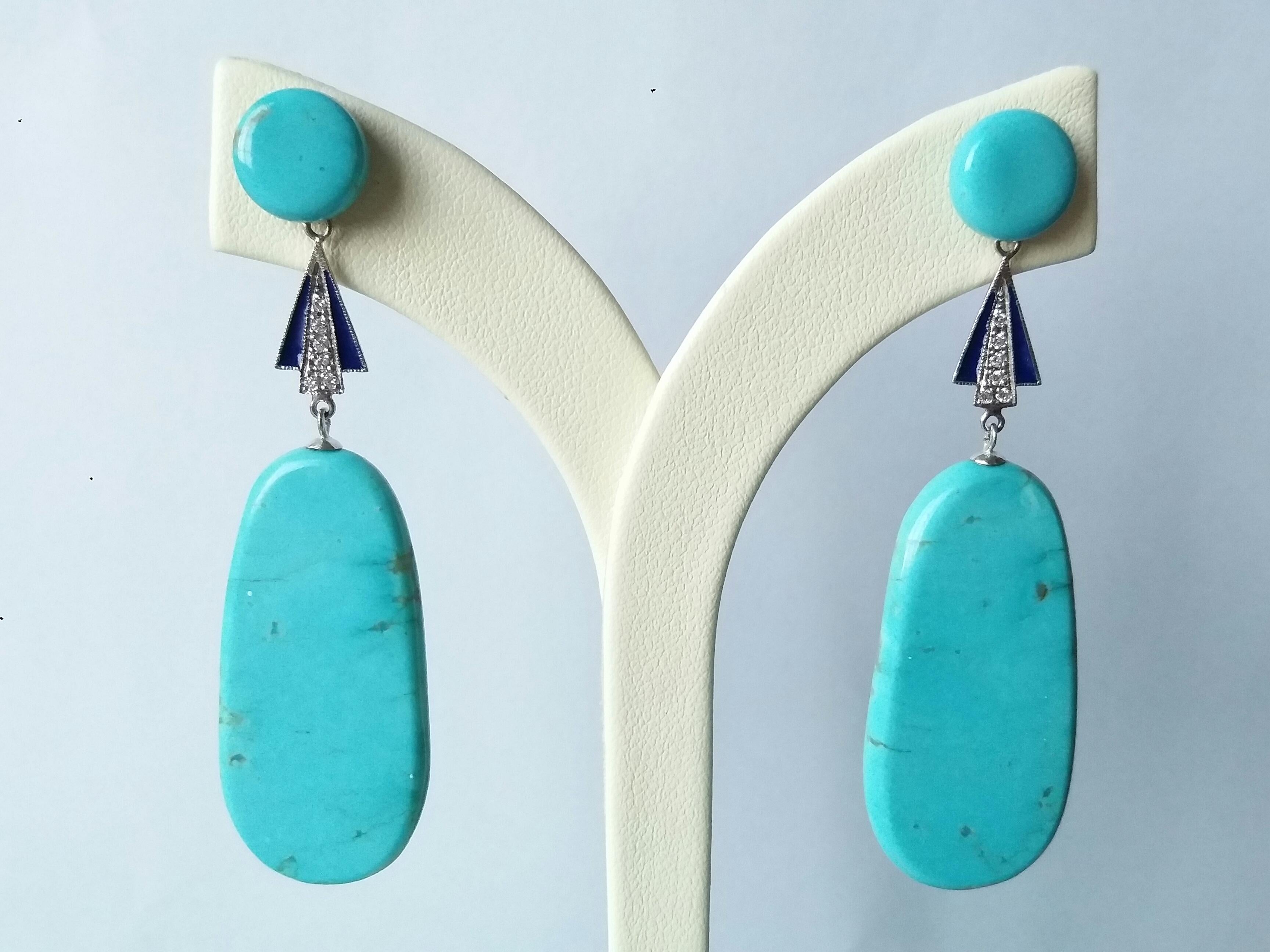 Pear Cut Art Deco Style Turquoise Gold Diamonds Blue Enamel Flat Drop Earrings For Sale