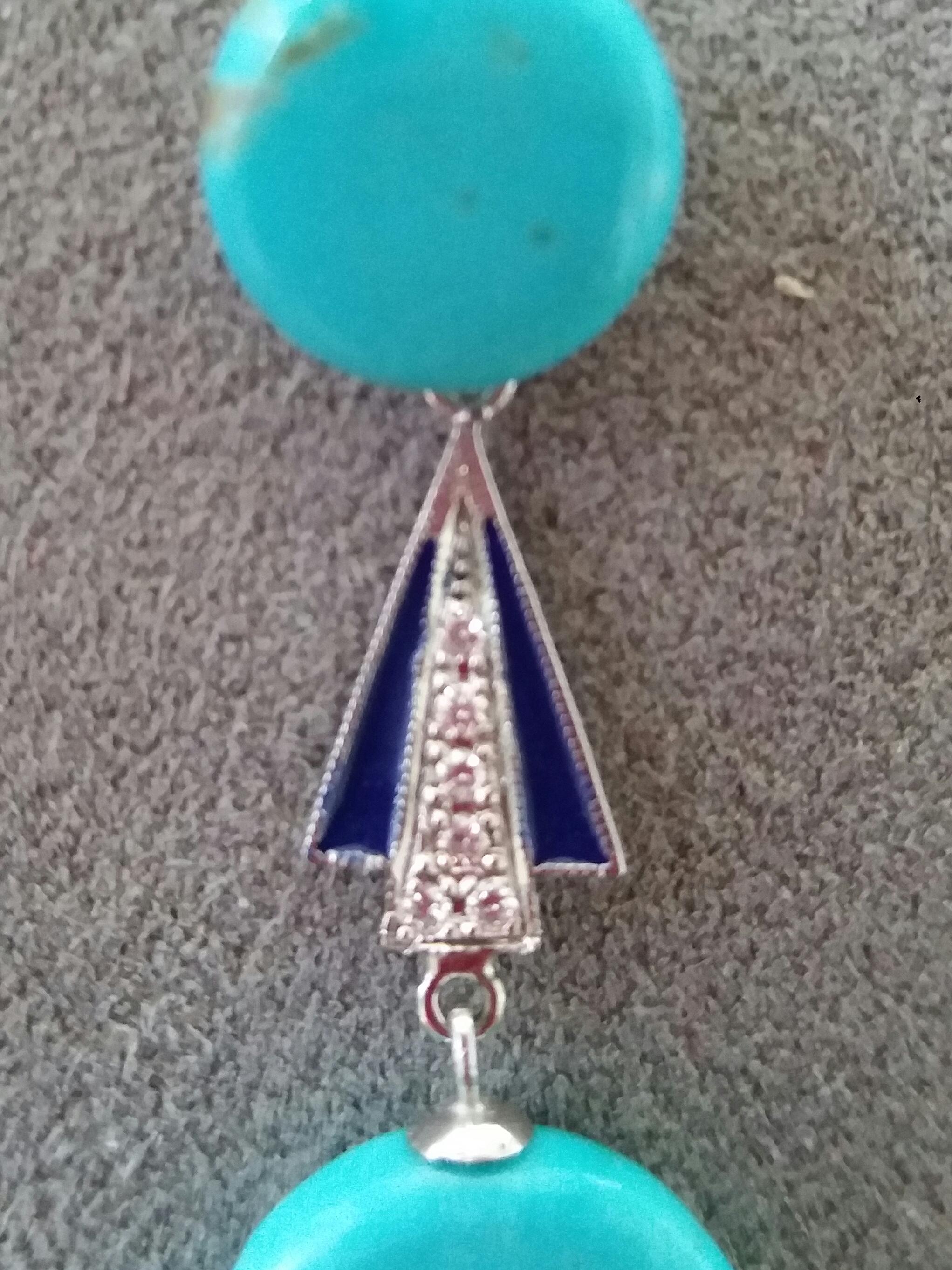 Art Deco Style Turquoise Gold Diamonds Blue Enamel Flat Drop Earrings In Excellent Condition For Sale In Bangkok, TH