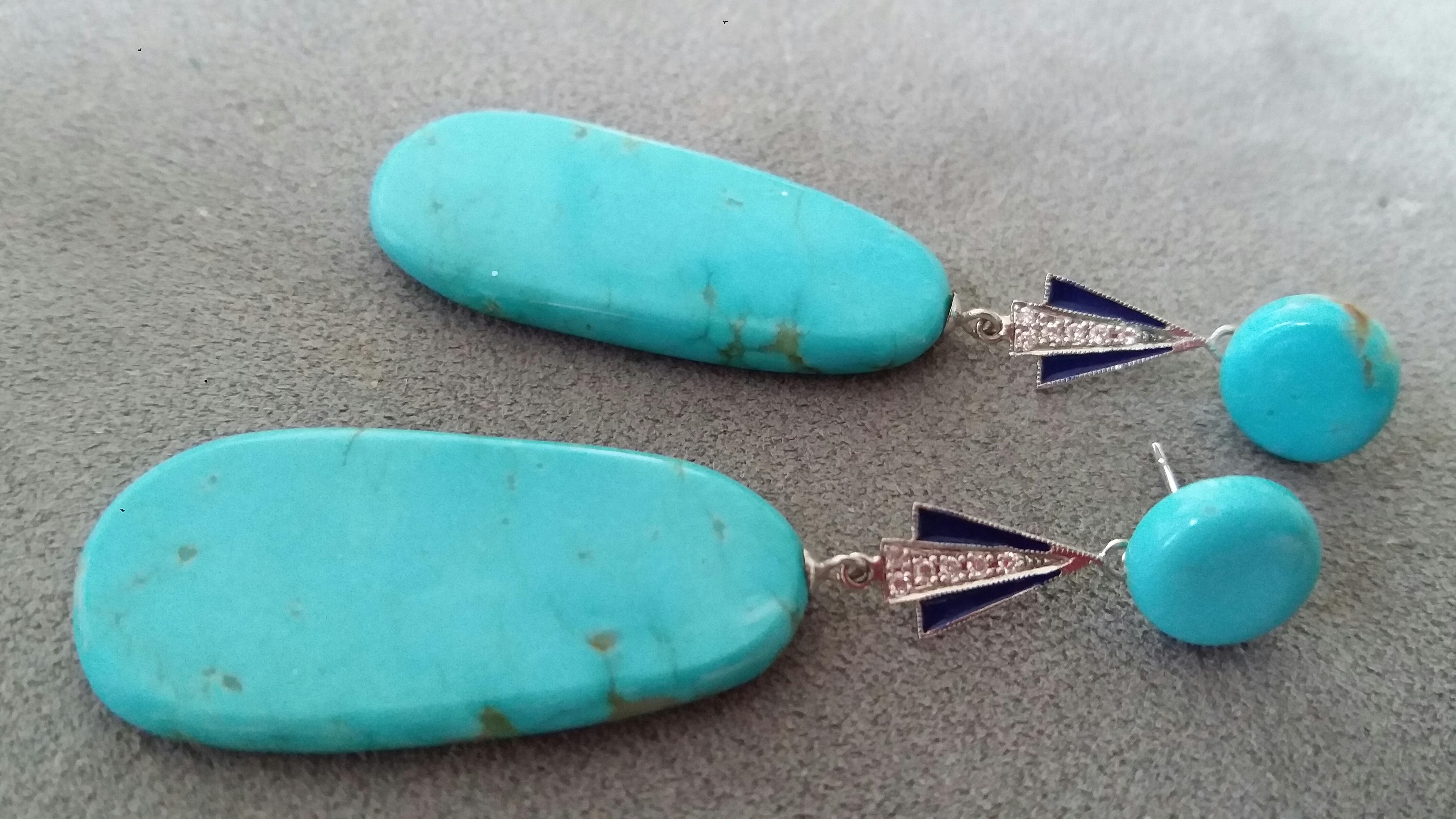 Art Deco Style Turquoise Gold Diamonds Blue Enamel Flat Drop Earrings For Sale 1