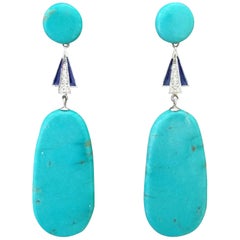 Retro Art Deco Style Turquoise Gold Diamonds Blue Enamel Flat Drop Earrings