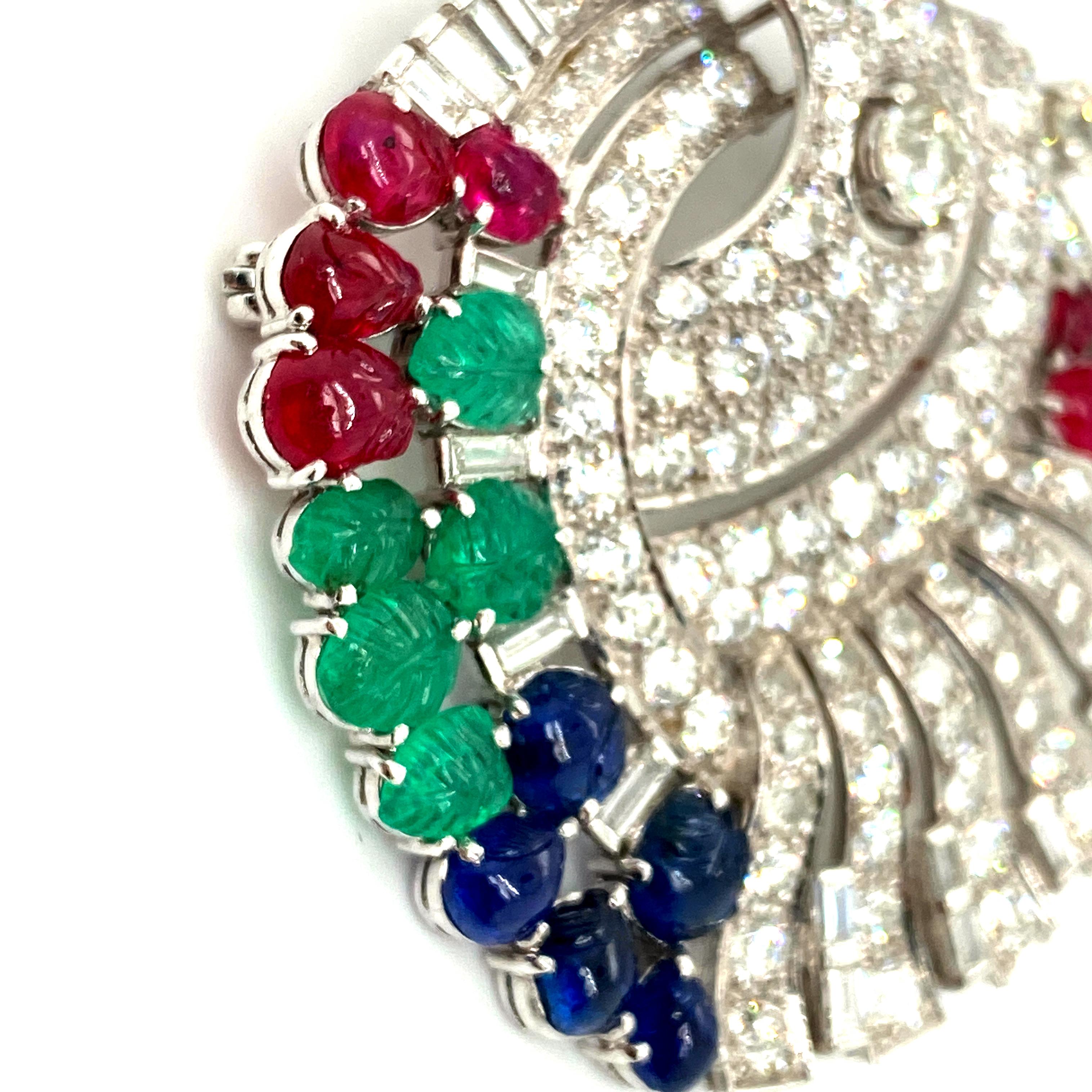 Cabochon Art Deco Tutti Frutti Diamond, Ruby, Emerald, and Sapphire Brooch in Platinum For Sale