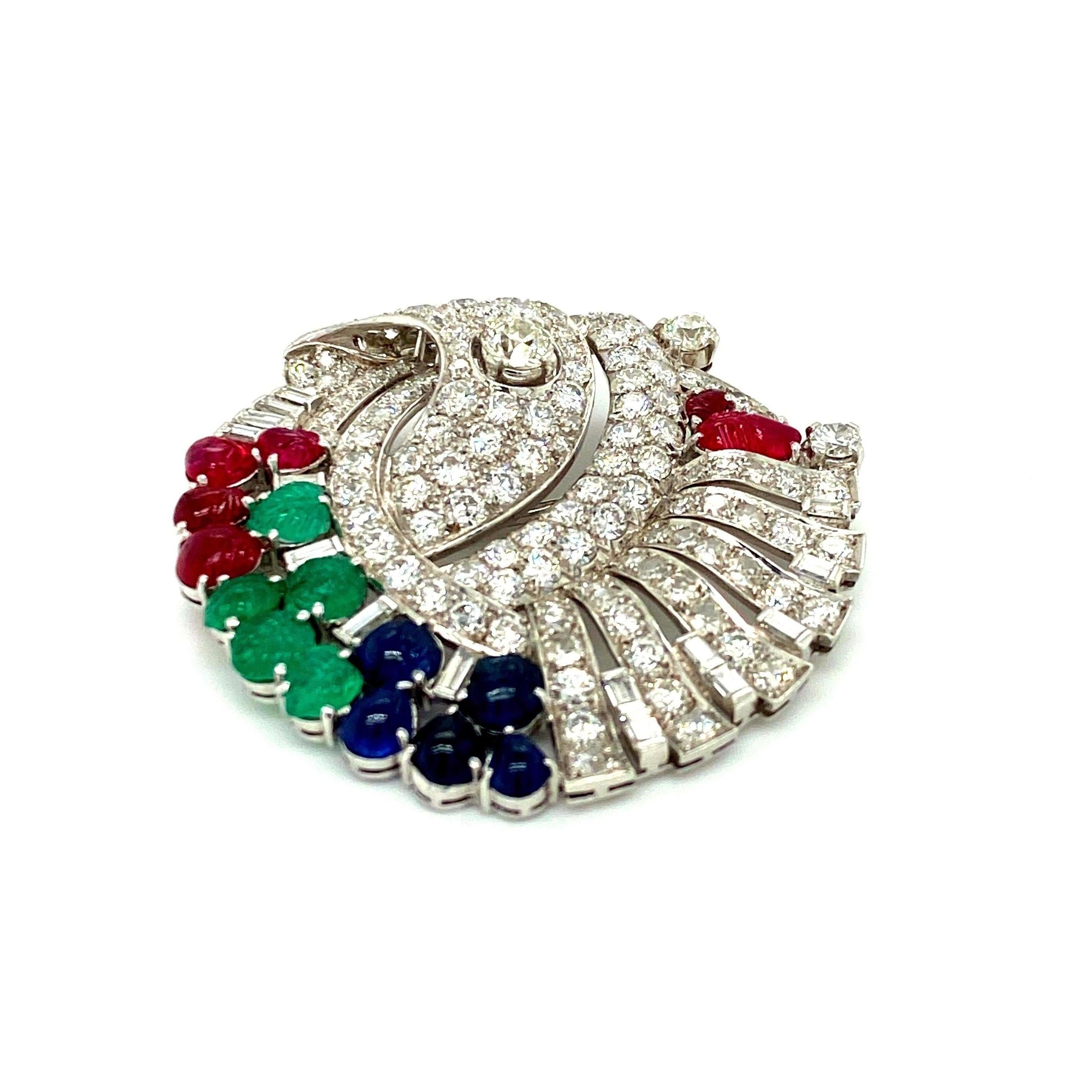 Art Deco Tutti Frutti Diamond, Ruby, Emerald, and Sapphire Brooch in Platinum In Good Condition For Sale In Dallas, TX