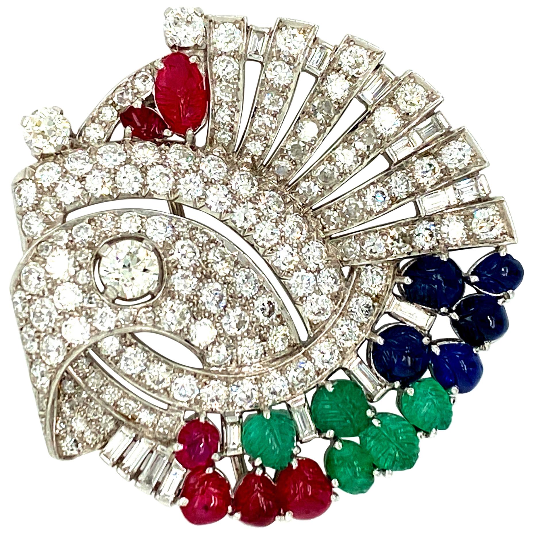 Art Deco Tutti Frutti Diamond, Ruby, Emerald, and Sapphire Brooch in Platinum For Sale